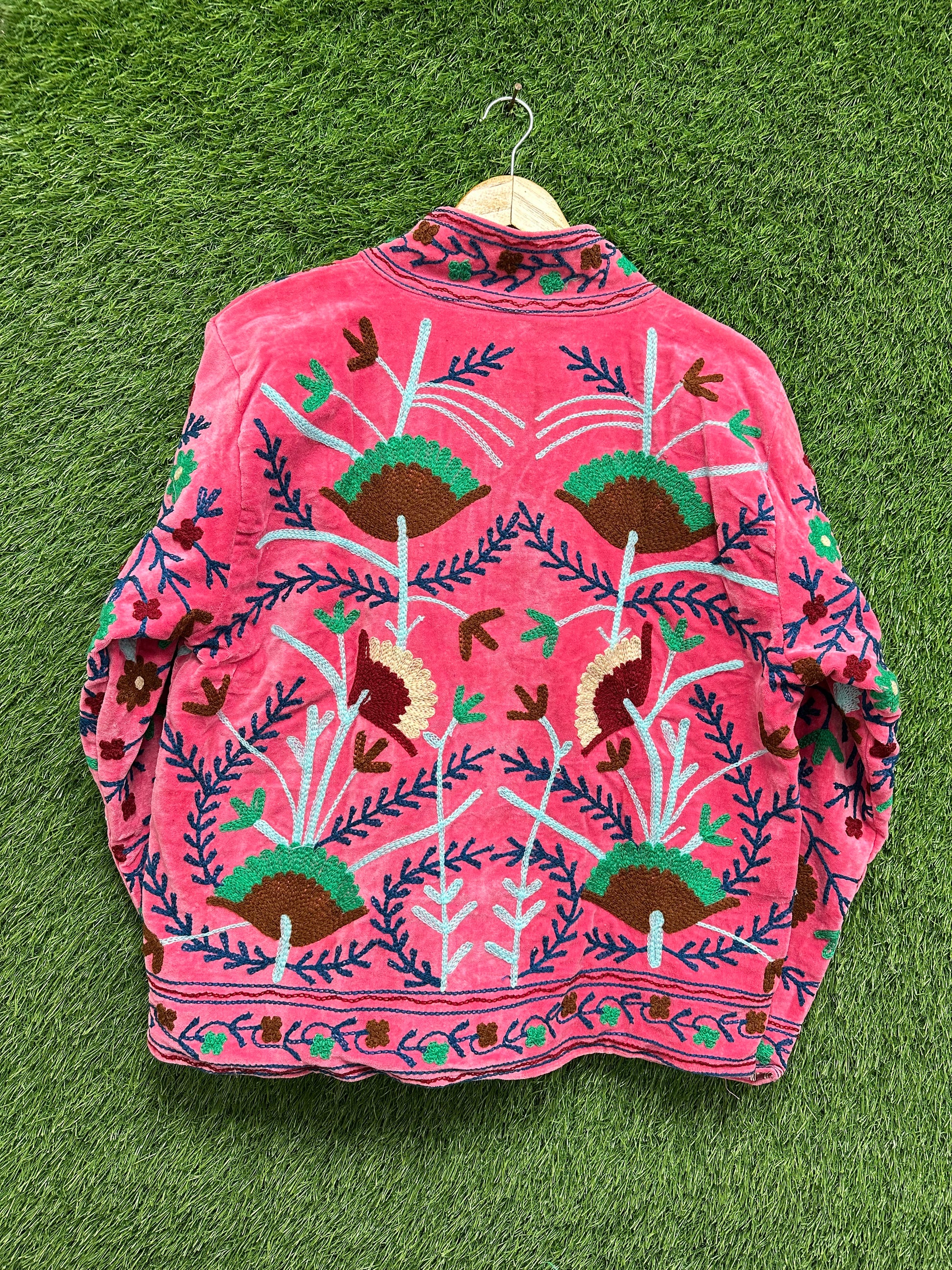 Pink Velvet Suzani Embroidered Jacket Boho Floral Coat