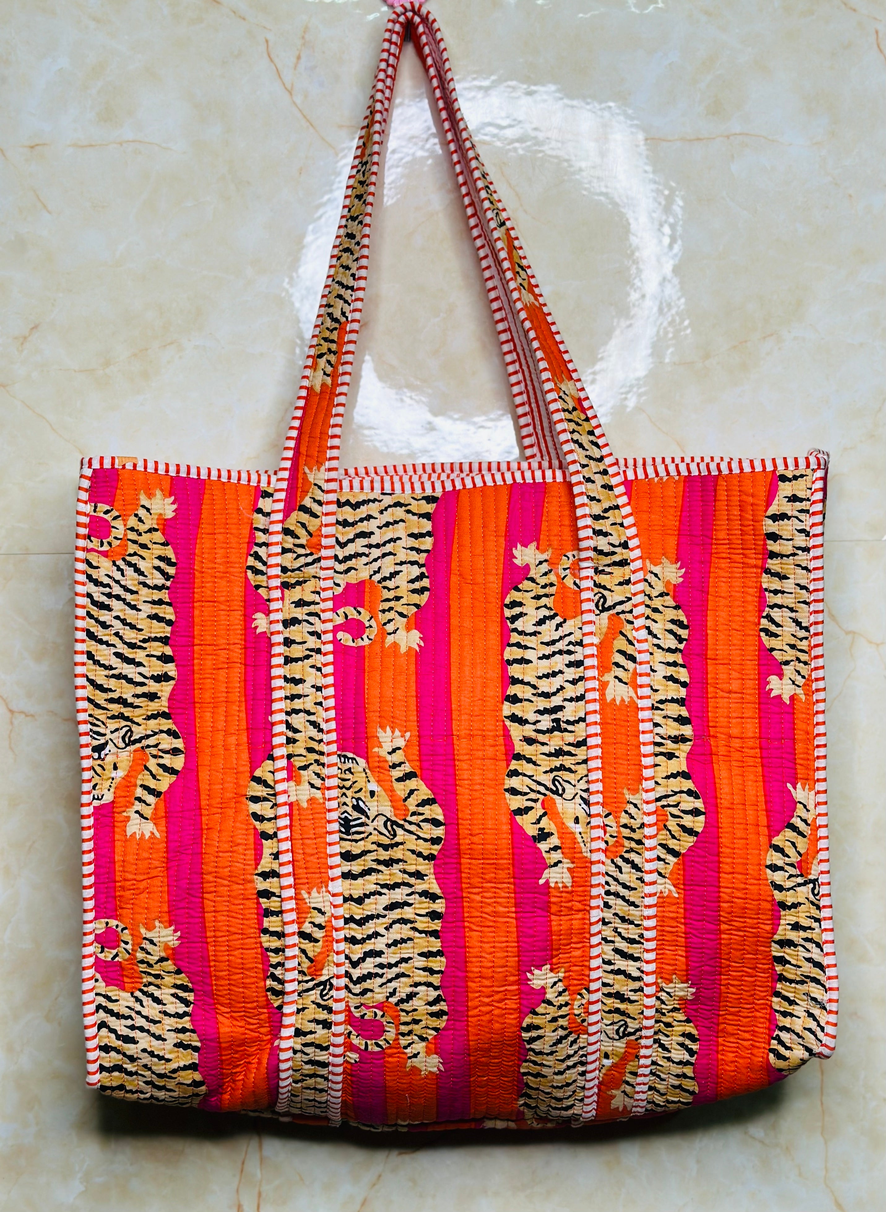 Image of Tiger Print Cotton Tote Bag Handmade Quilted Market Bag