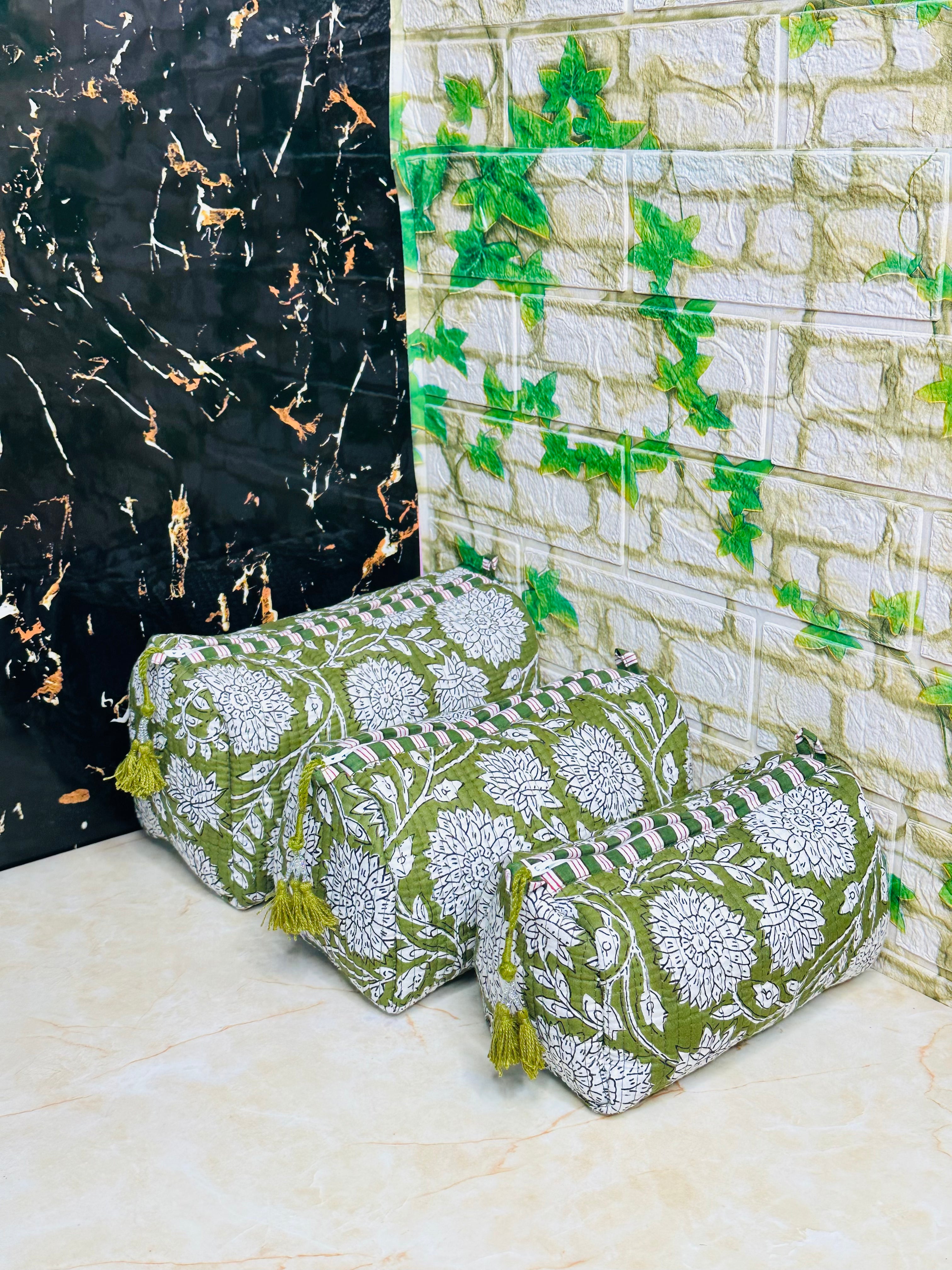 Image of Quilted Cotton Makeup Pouch Set Handmade 3 Set Travel Bag