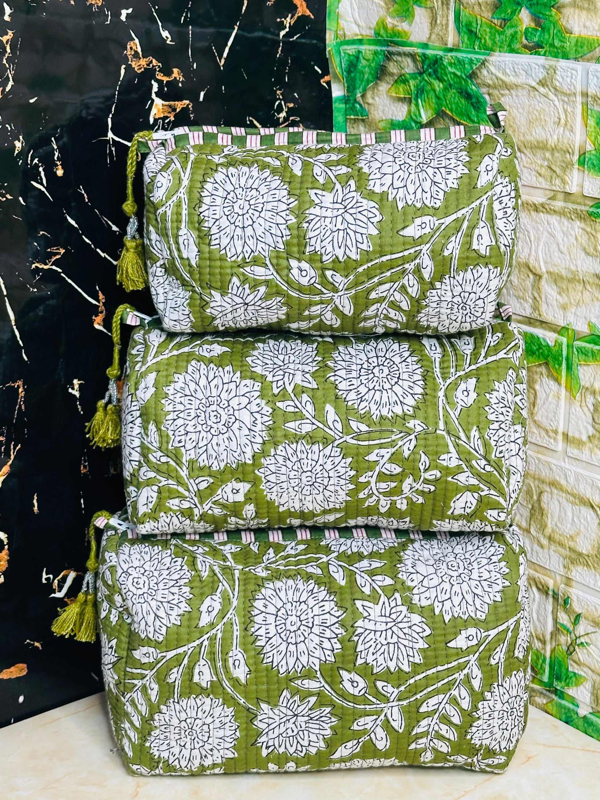 Quilted Cotton Makeup Pouch Set Handmade 3 Set Travel Bag