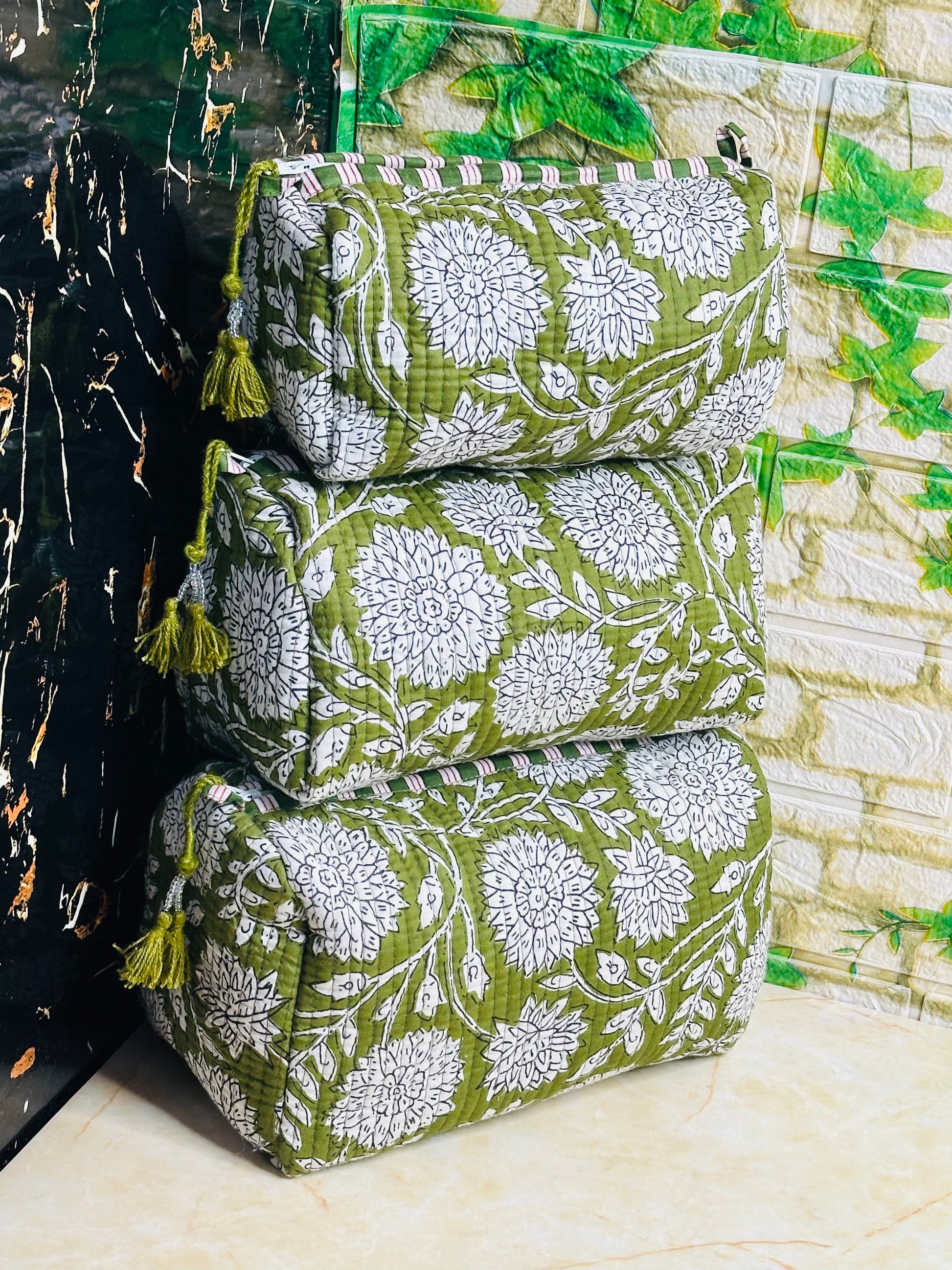 Quilted Cotton Makeup Pouch Set Handmade 3 Set Travel Bag