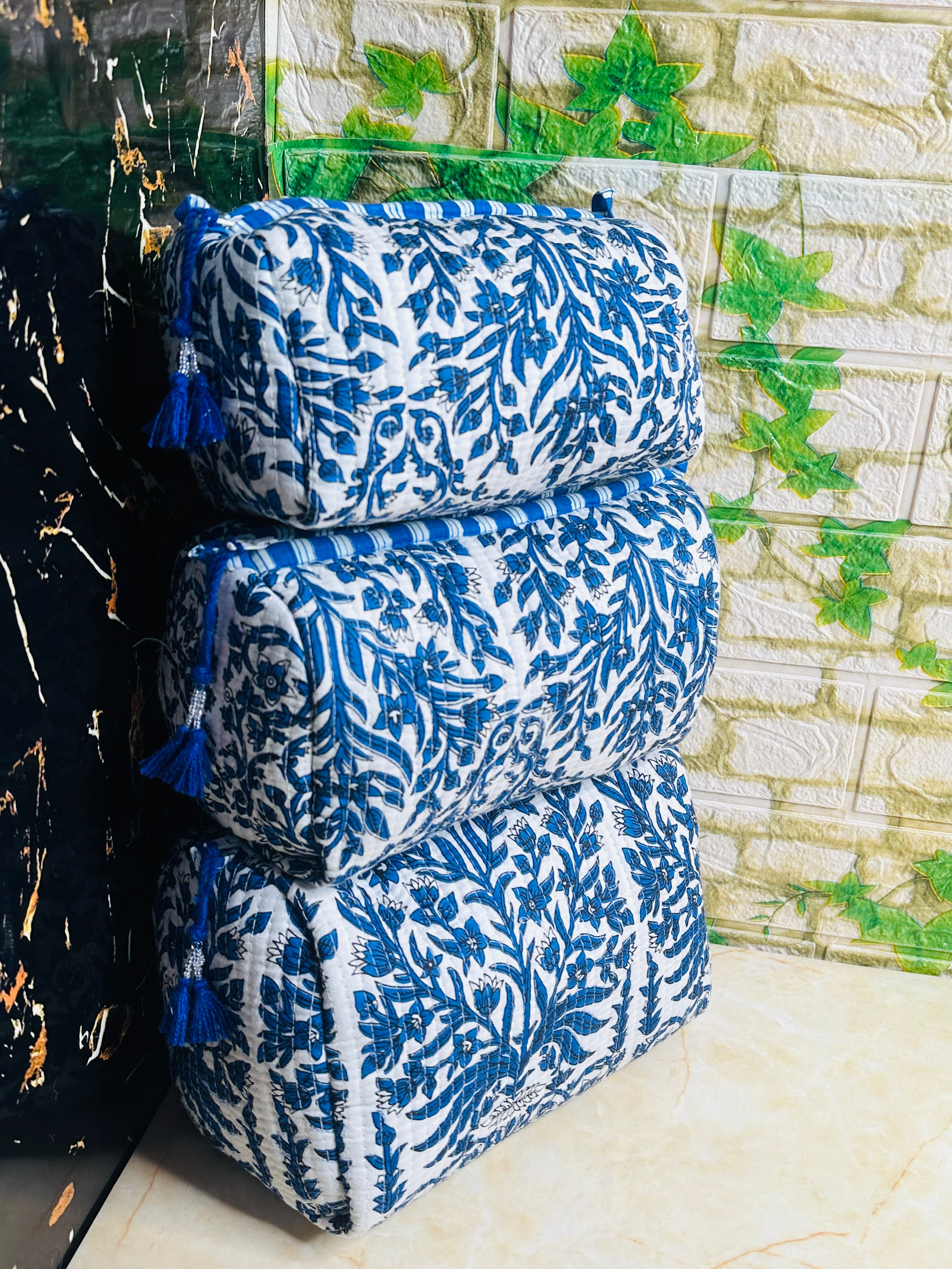 Image of Quilted Cotton Makeup Pouch Set Handmade 3 Set Travel Bag