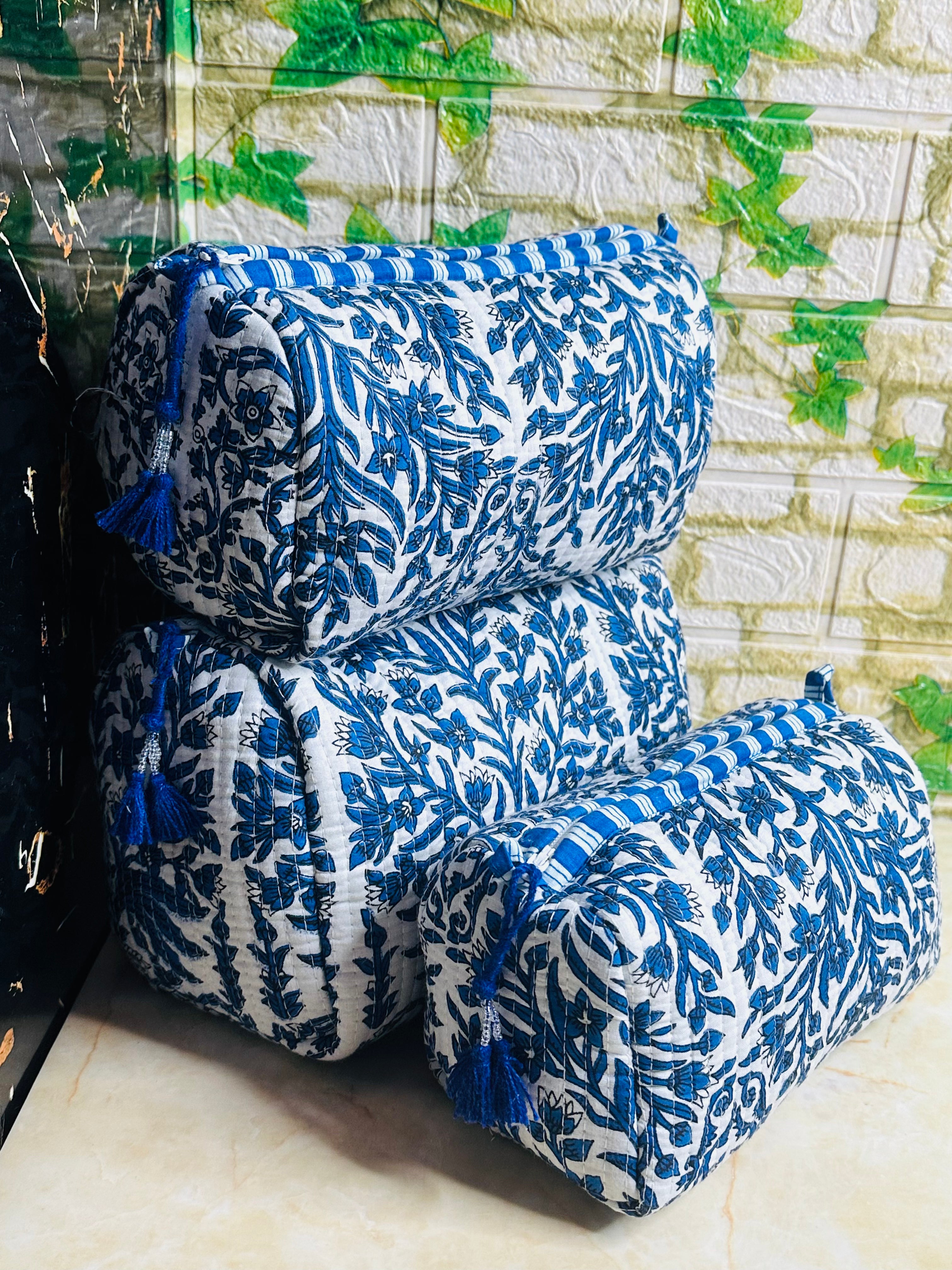 Image of Quilted Cotton Makeup Pouch Set Handmade 3 Set Travel Bag