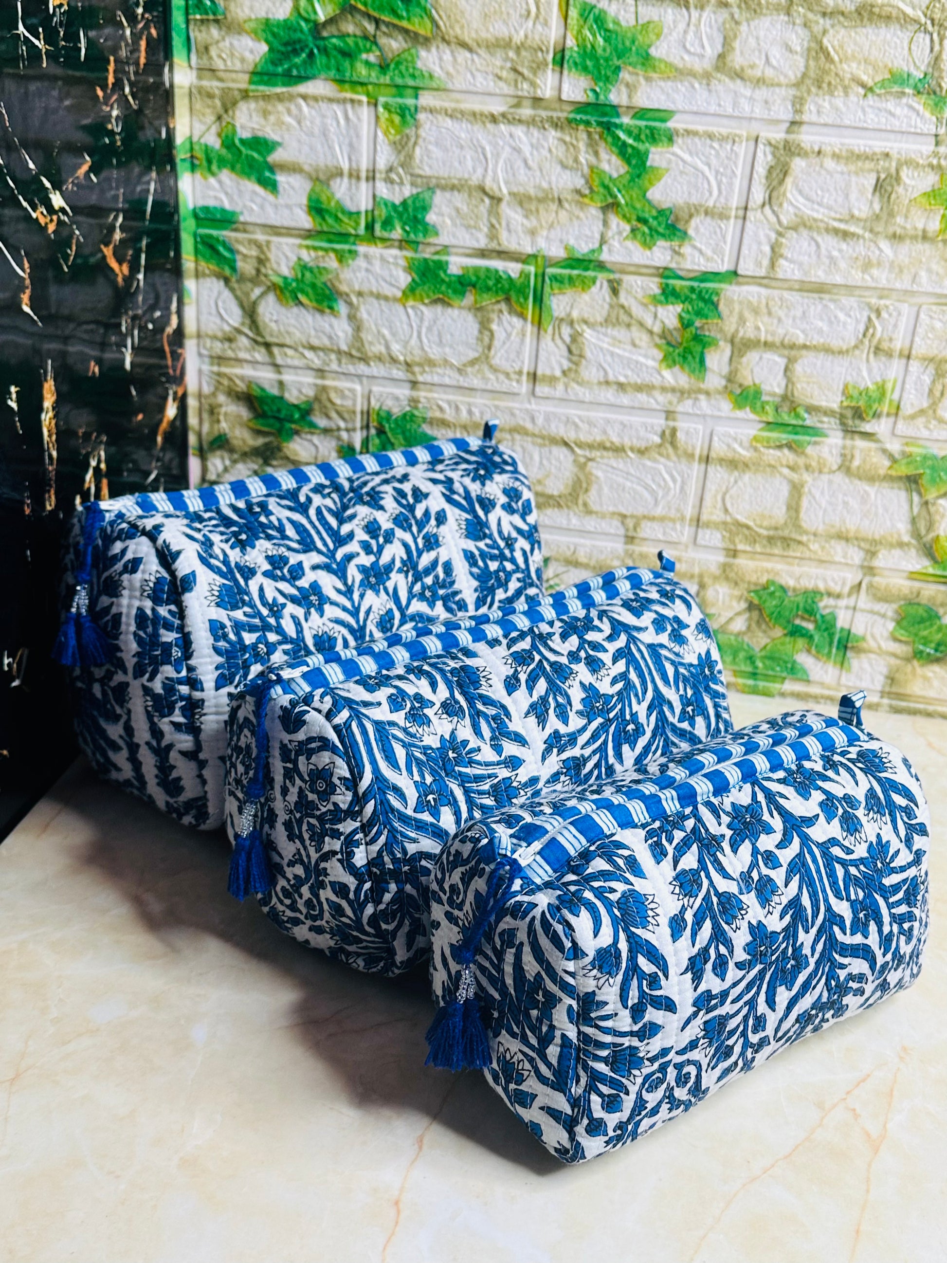 Quilted Cotton Makeup Pouch Set Handmade 3 Set Travel Bag