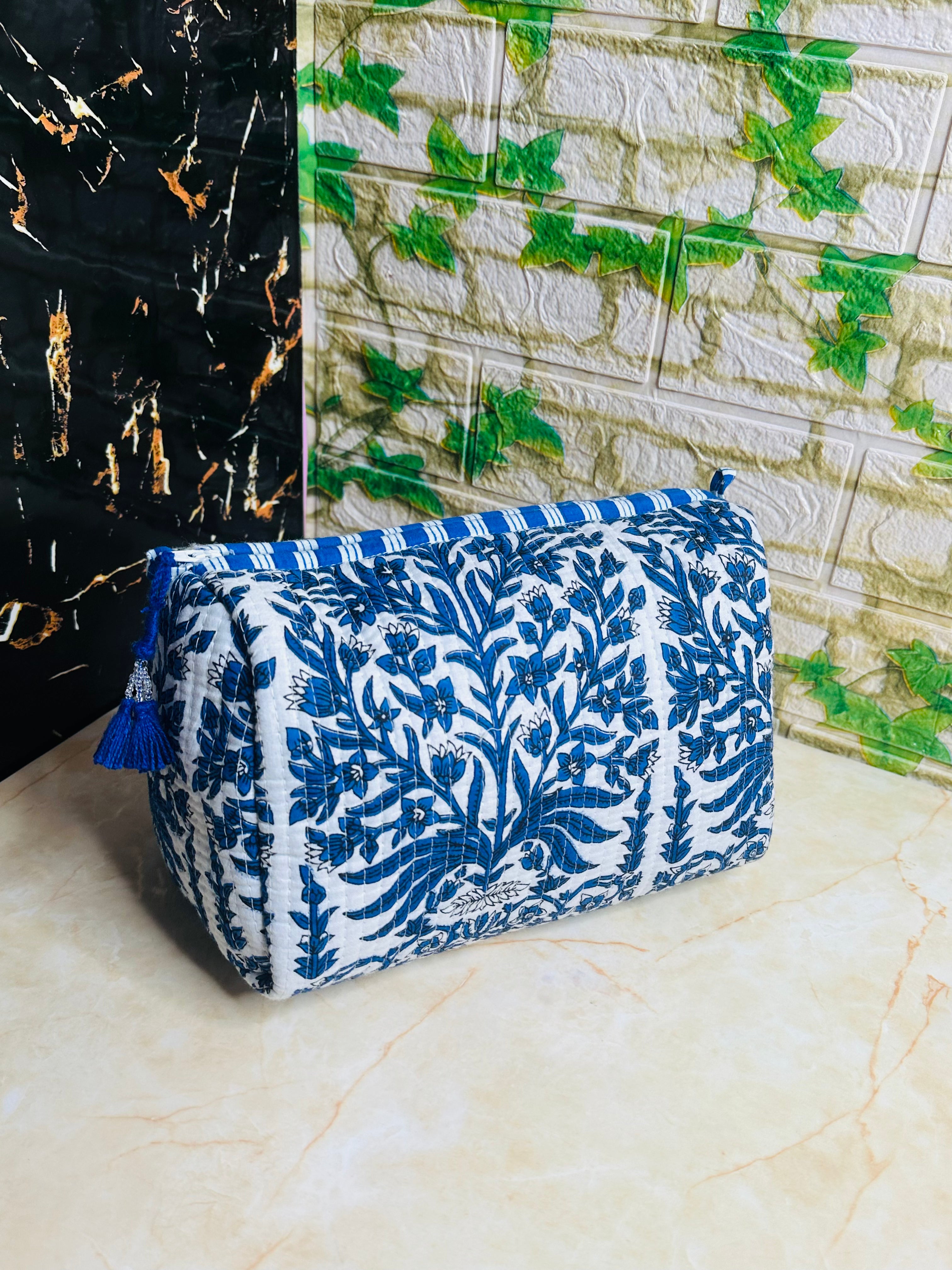 Image of Quilted Cotton Makeup Pouch Set Handmade 3 Set Travel Bag