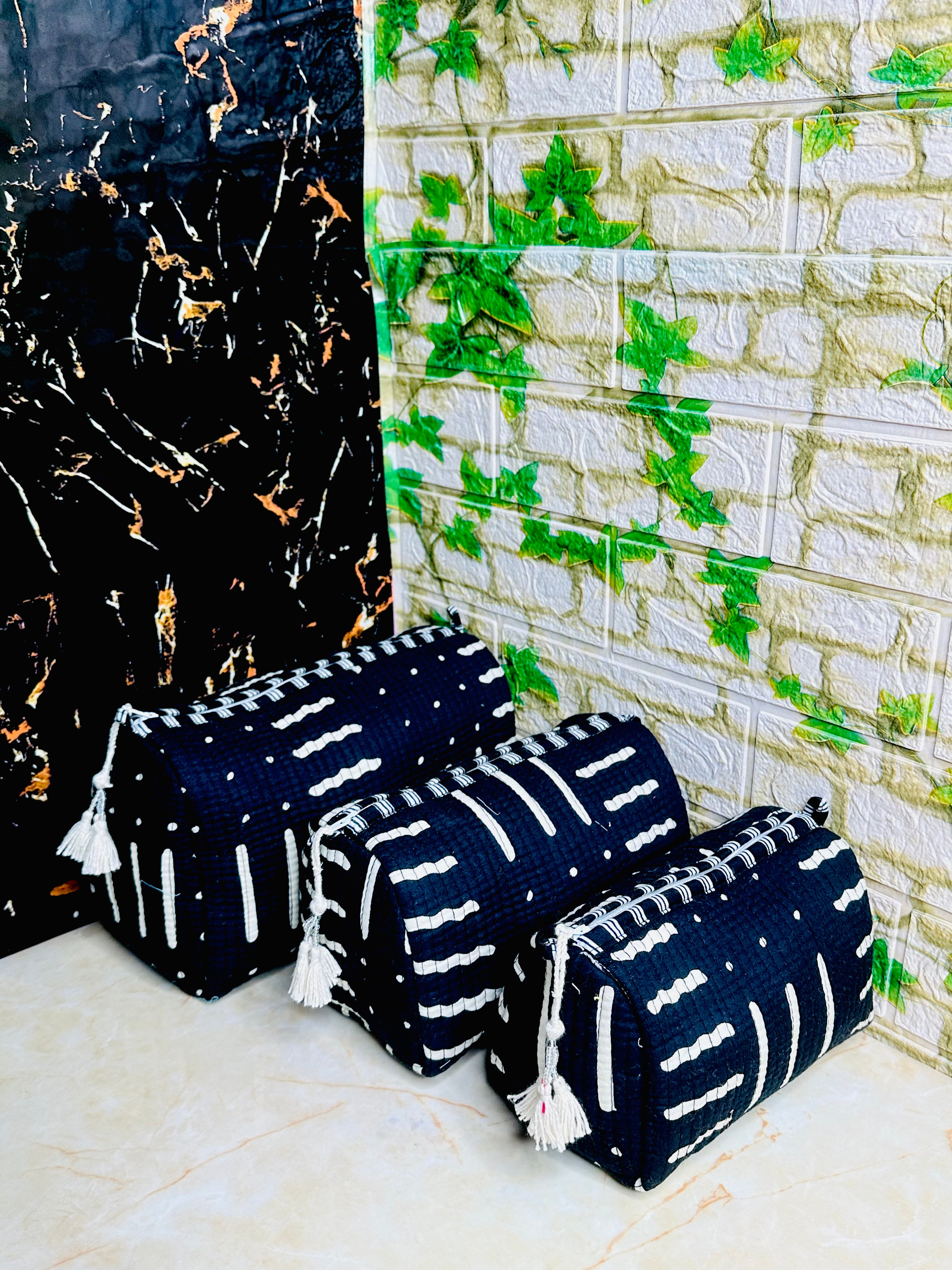Image of 3 set of Cotton Quilted Cosmetic Bags | Travel Toiletry Organizer
