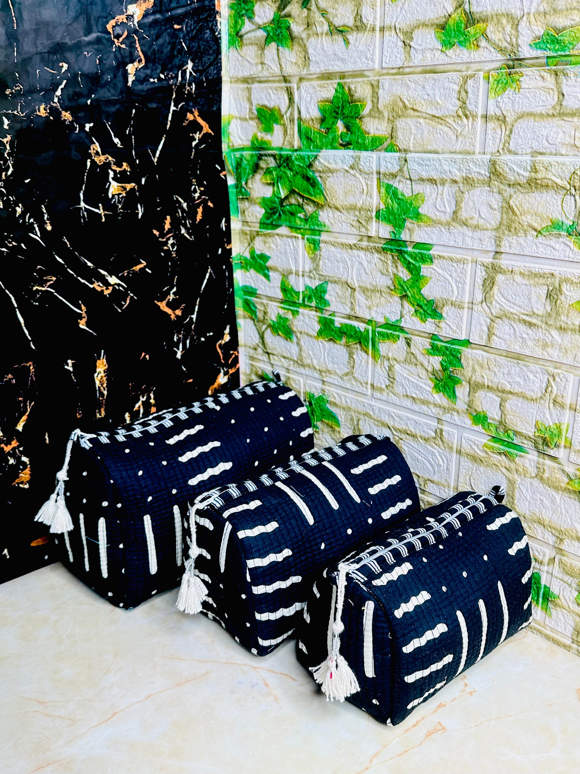 3 set of Cotton Quilted Cosmetic Bags | Travel Toiletry Organizer