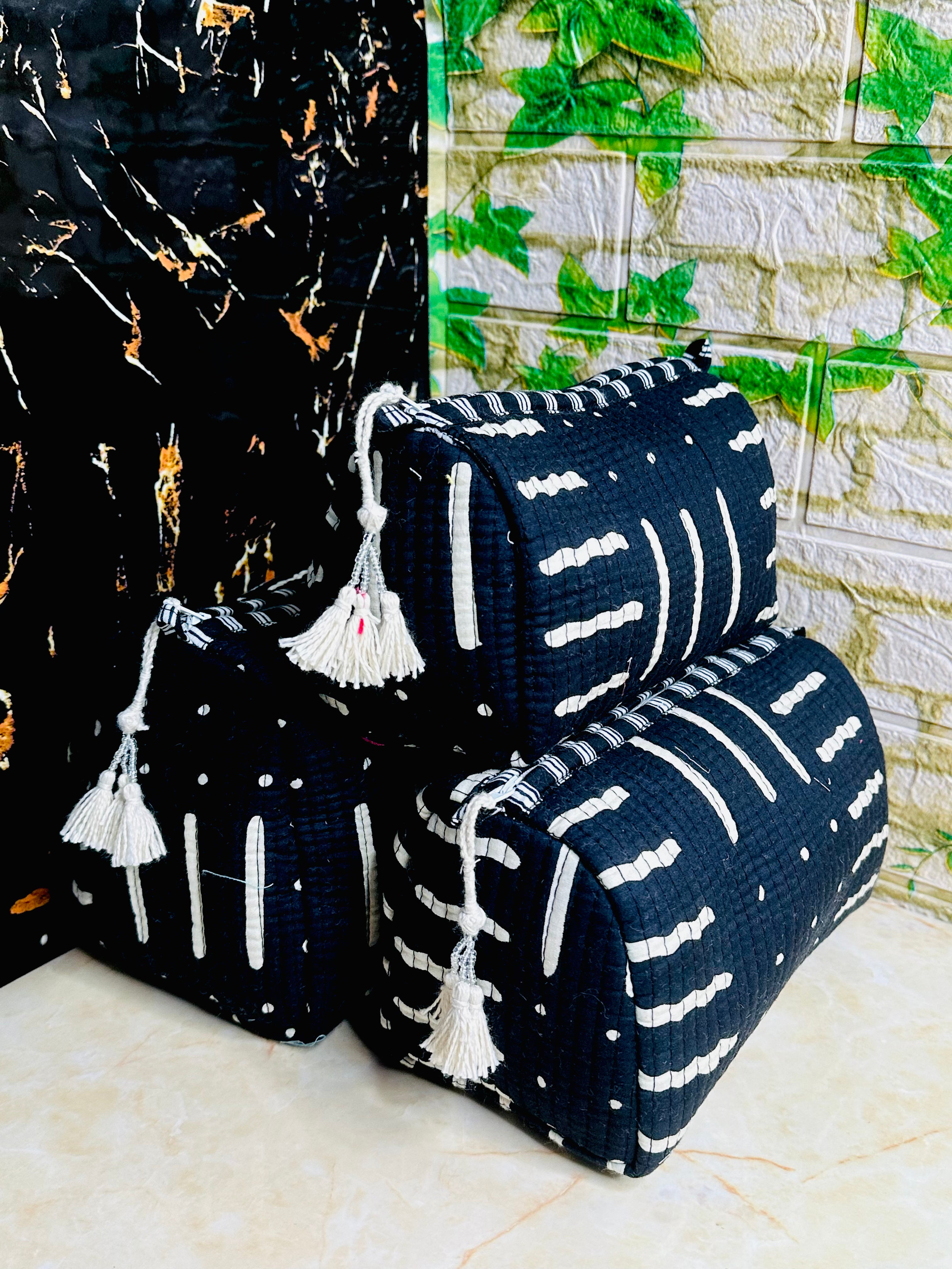 Image of 3 set of Cotton Quilted Cosmetic Bags | Travel Toiletry Organizer