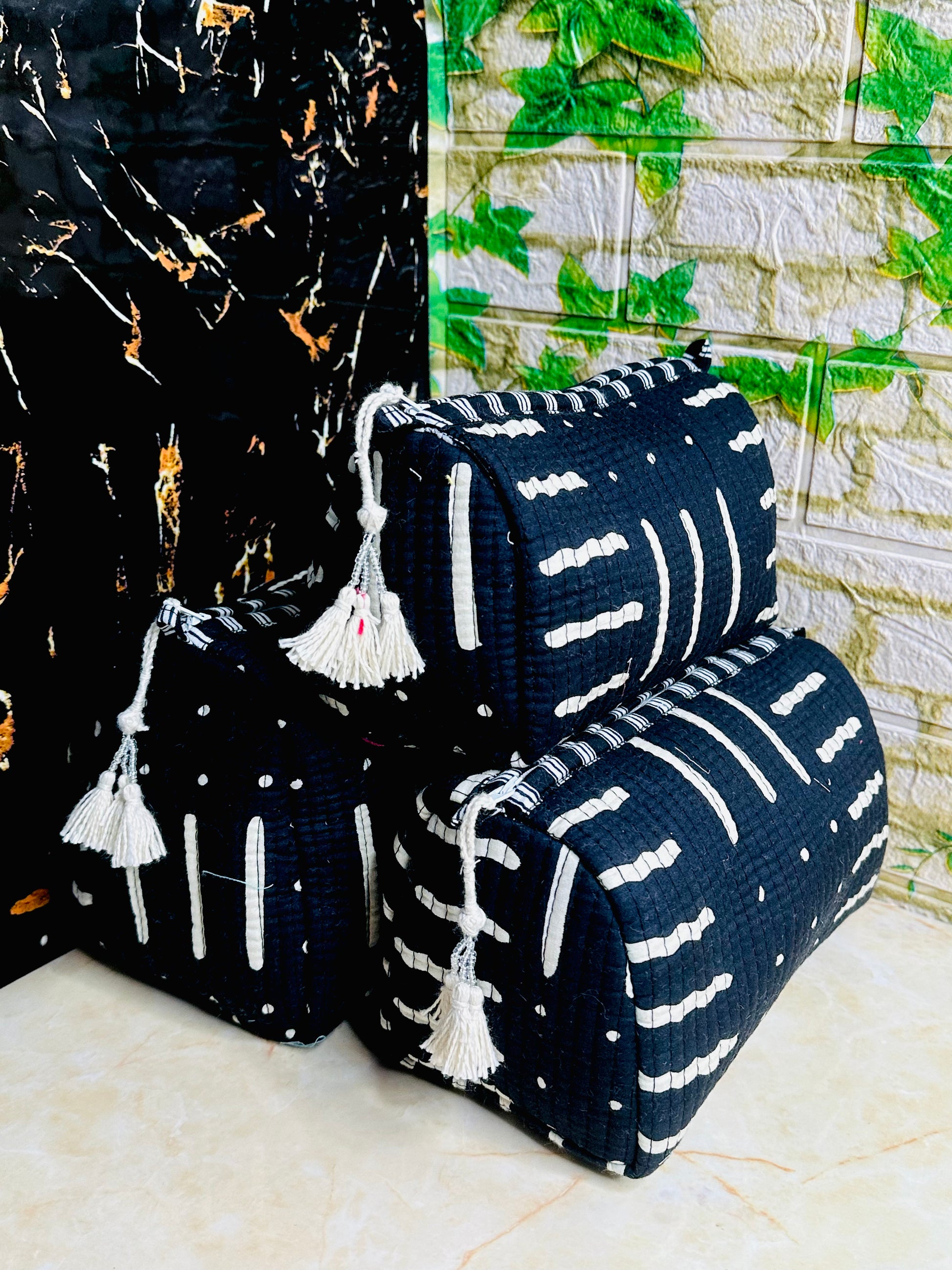 3 set of Cotton Quilted Cosmetic Bags | Travel Toiletry Organizer