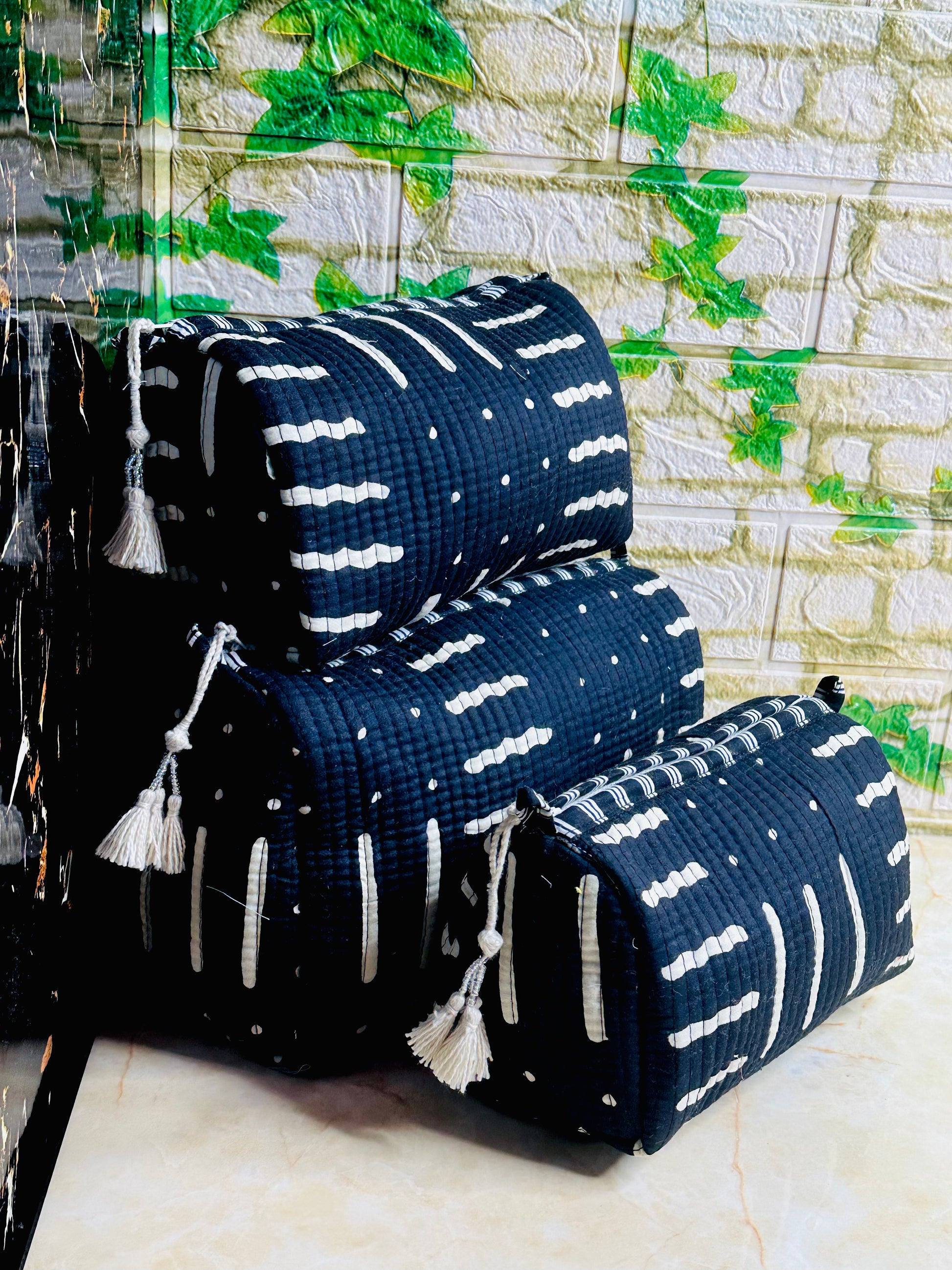3 set of Cotton Quilted Cosmetic Bags | Travel Toiletry Organizer