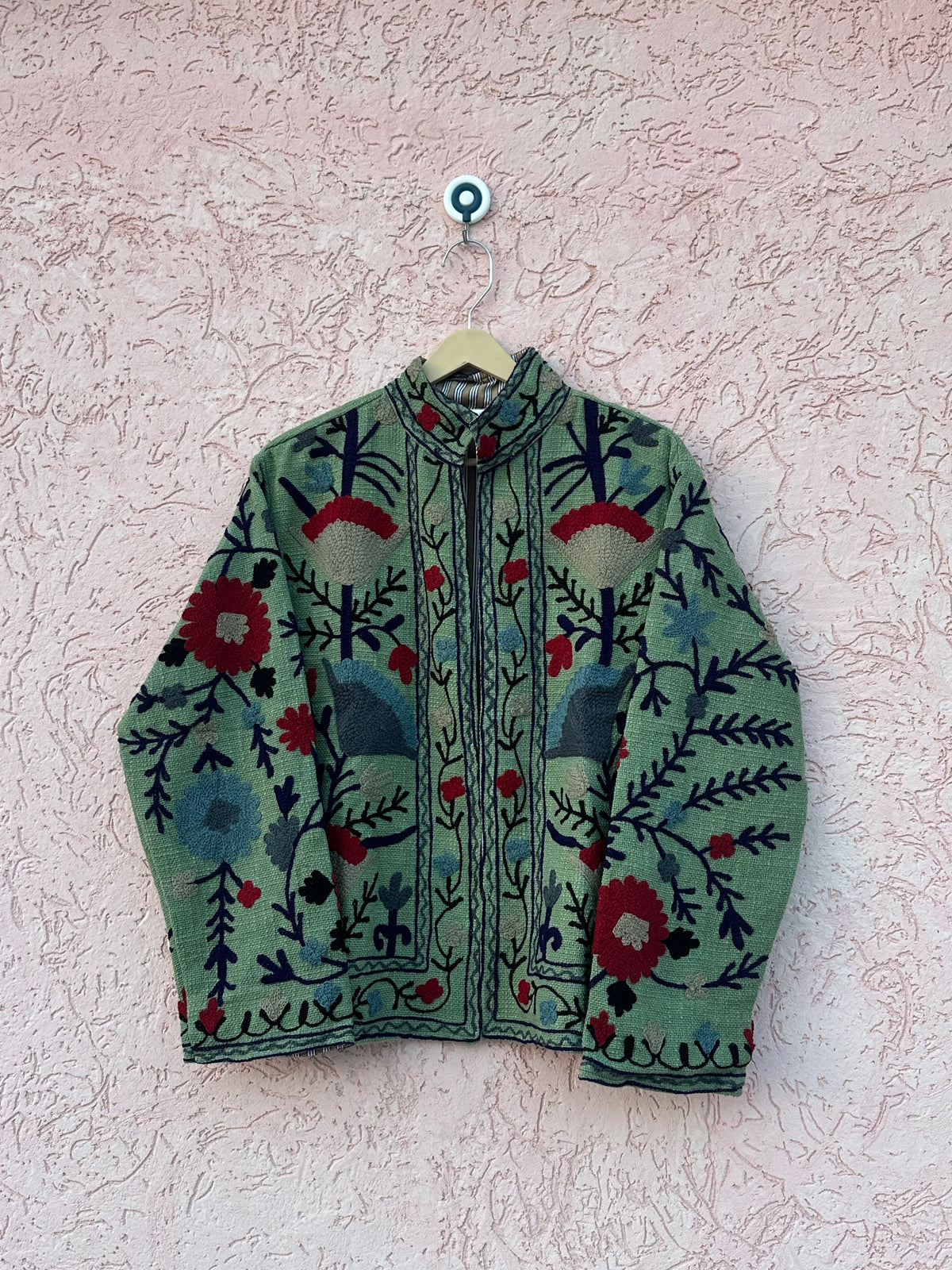 Olive Green Suzani Embroidered Jacket | Handmade Floral Boho Jacket for Women