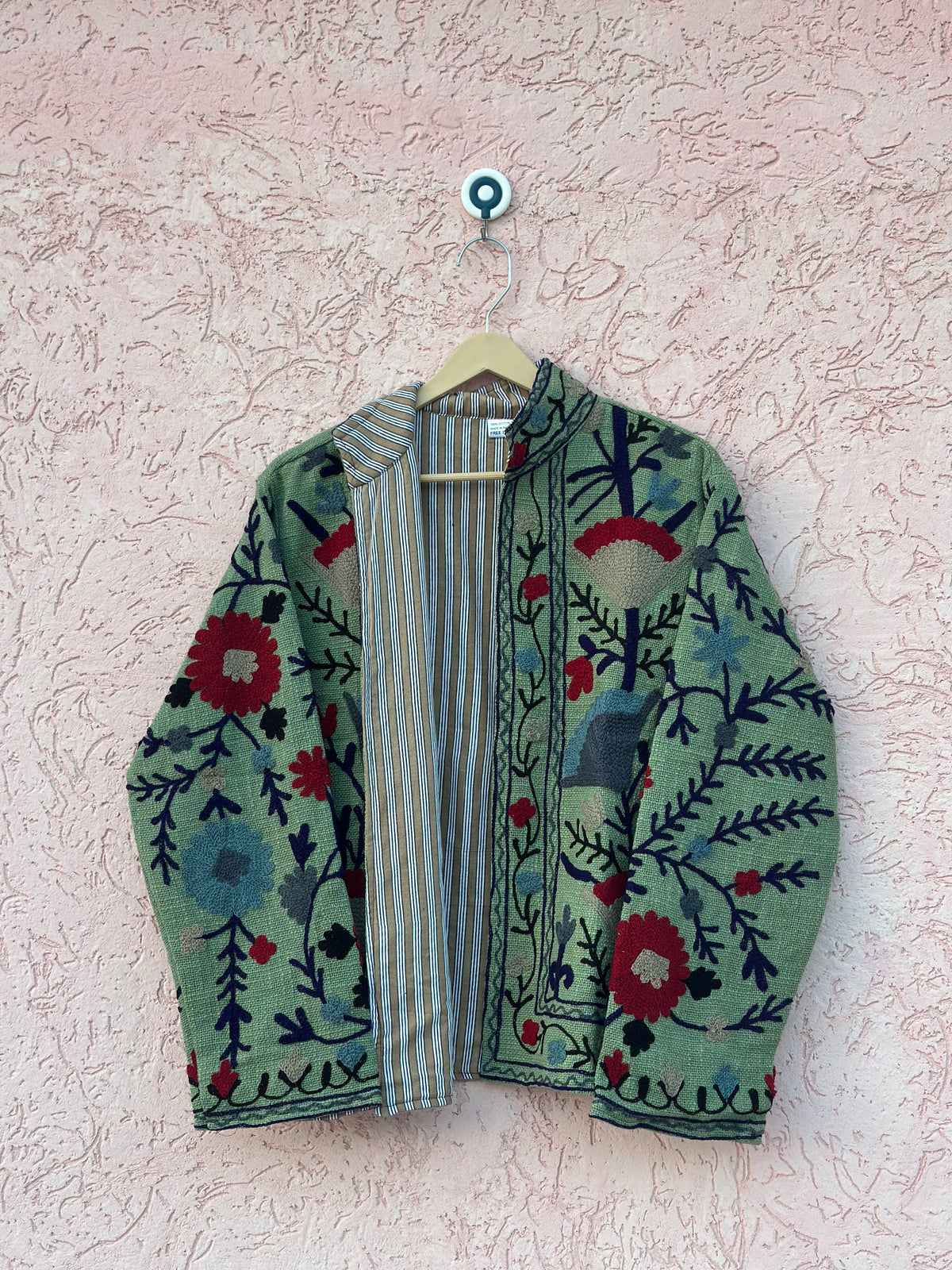 Olive Green Suzani Embroidered Jacket | Handmade Floral Boho Jacket for Women
