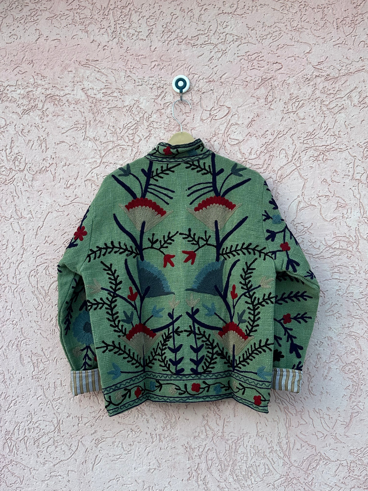 Olive Green Suzani Embroidered Jacket | Handmade Floral Boho Jacket for Women