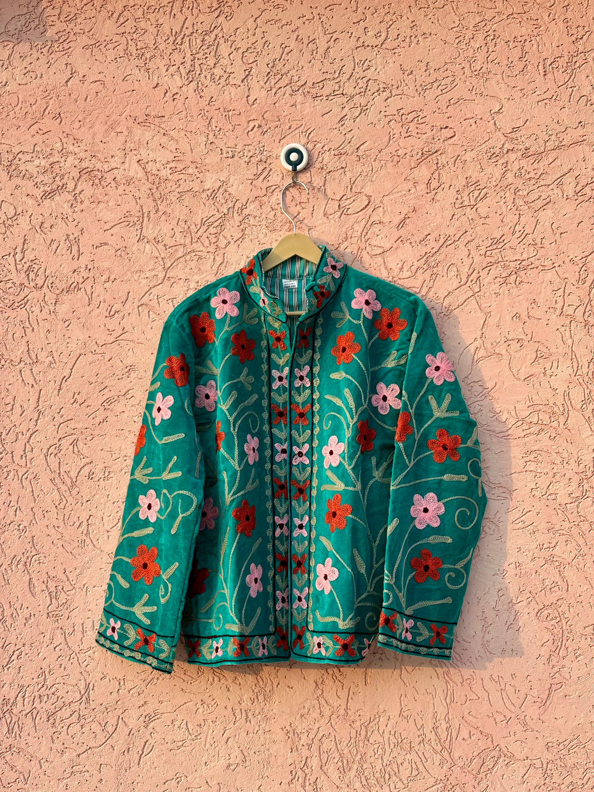 Teal Green Embroidered Velvet Jacket