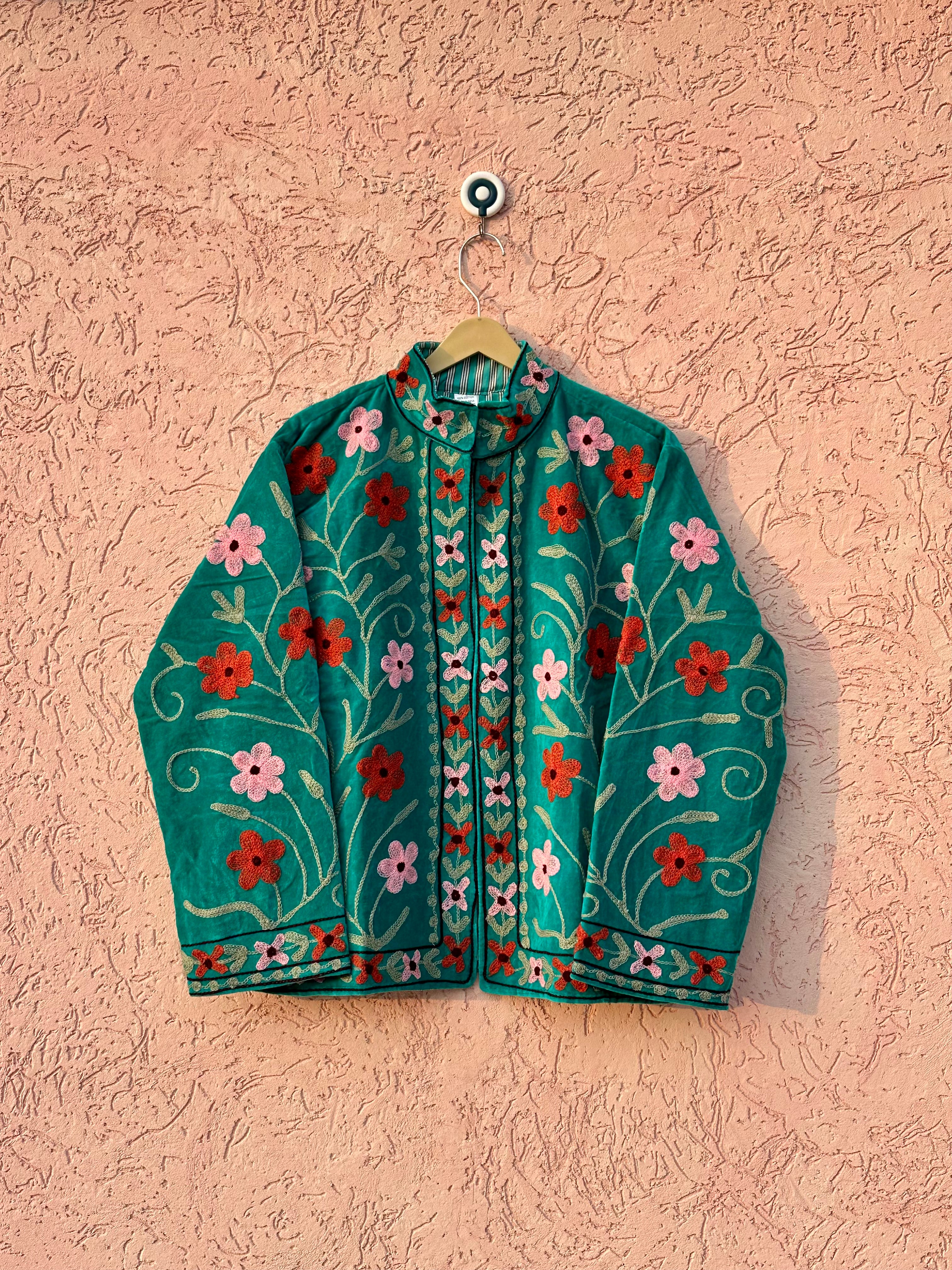 Image of Teal Green Embroidered Velvet Jacket
