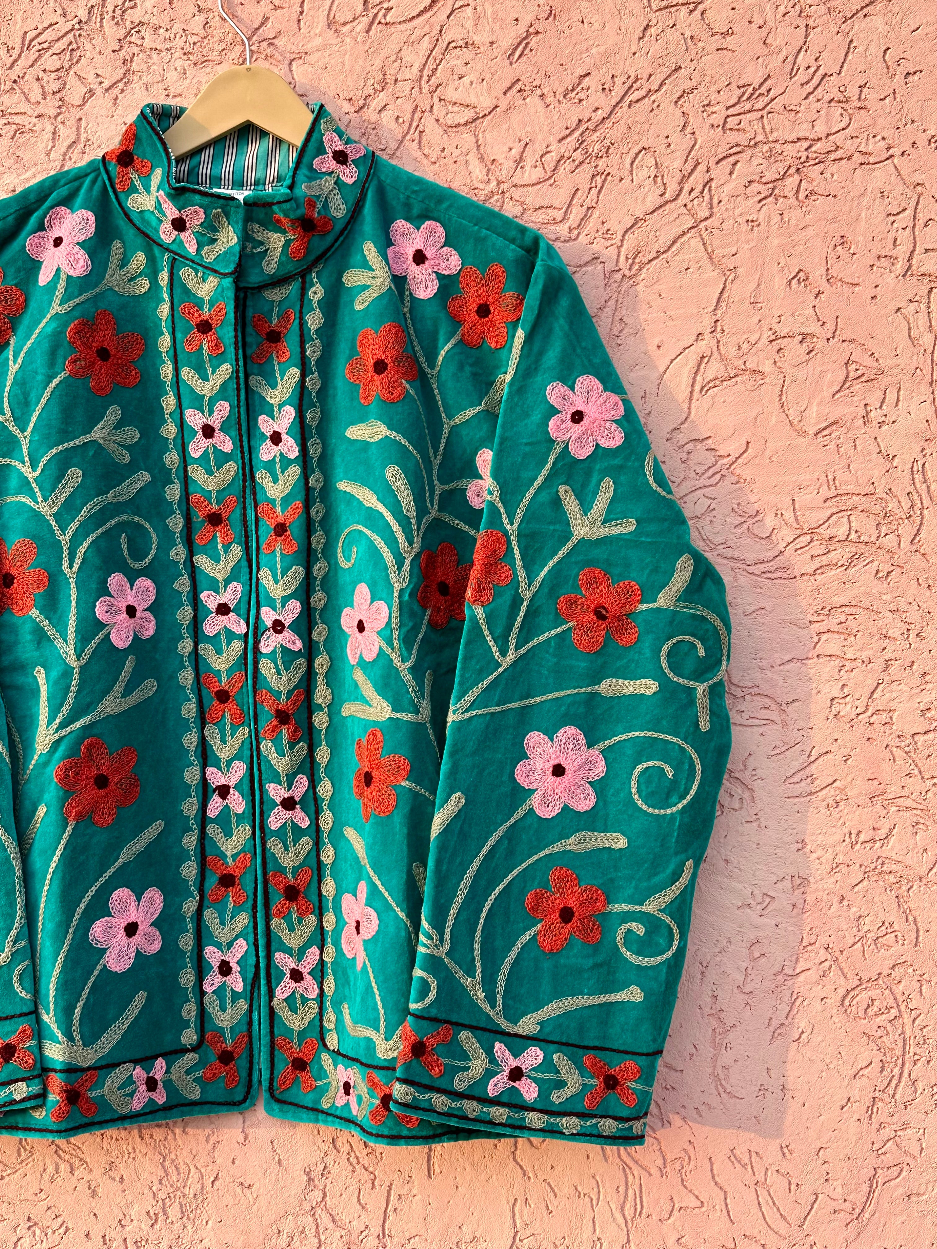 Image of Teal Green Embroidered Velvet Jacket