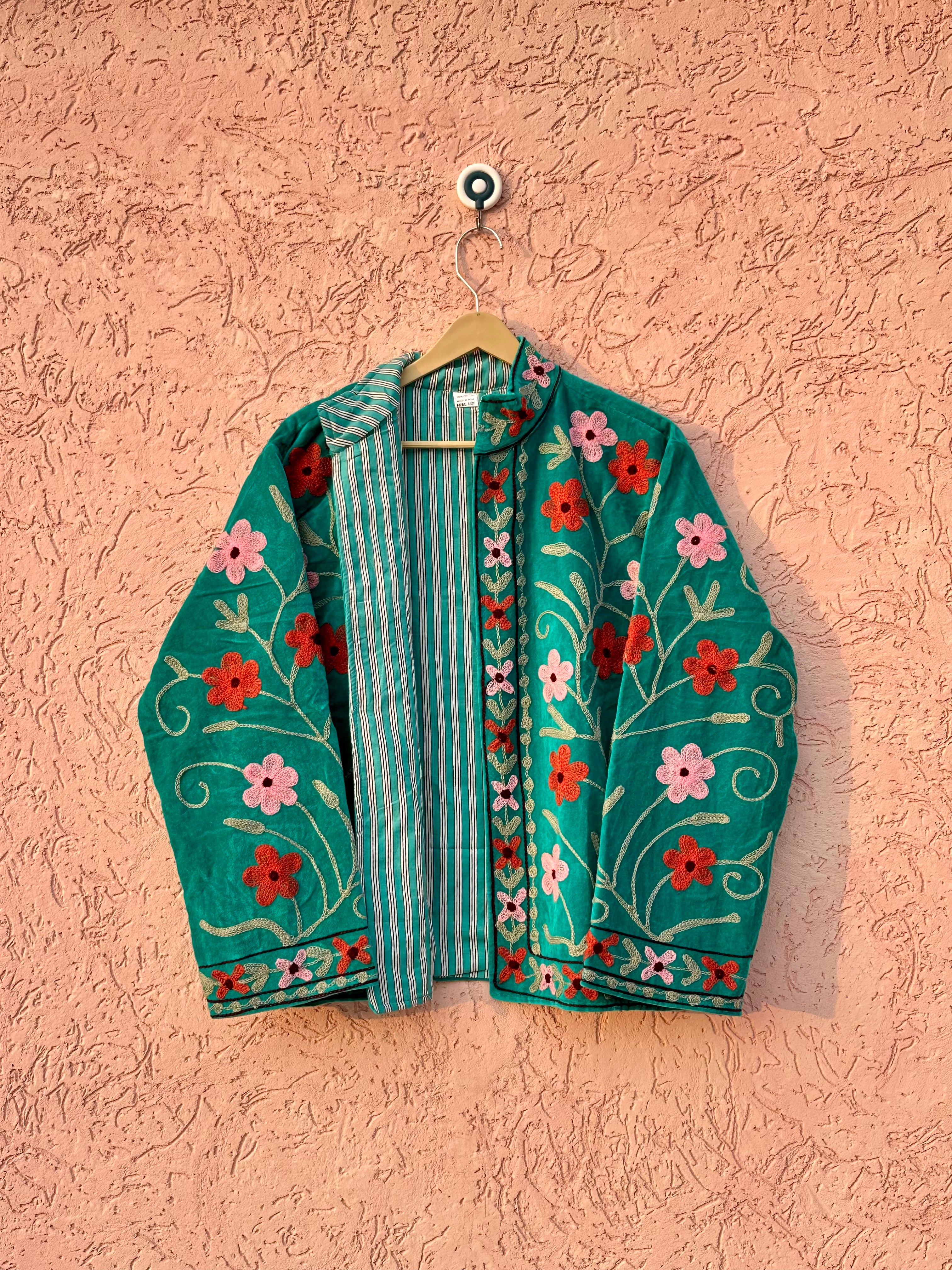 Image of Teal Green Embroidered Velvet Jacket