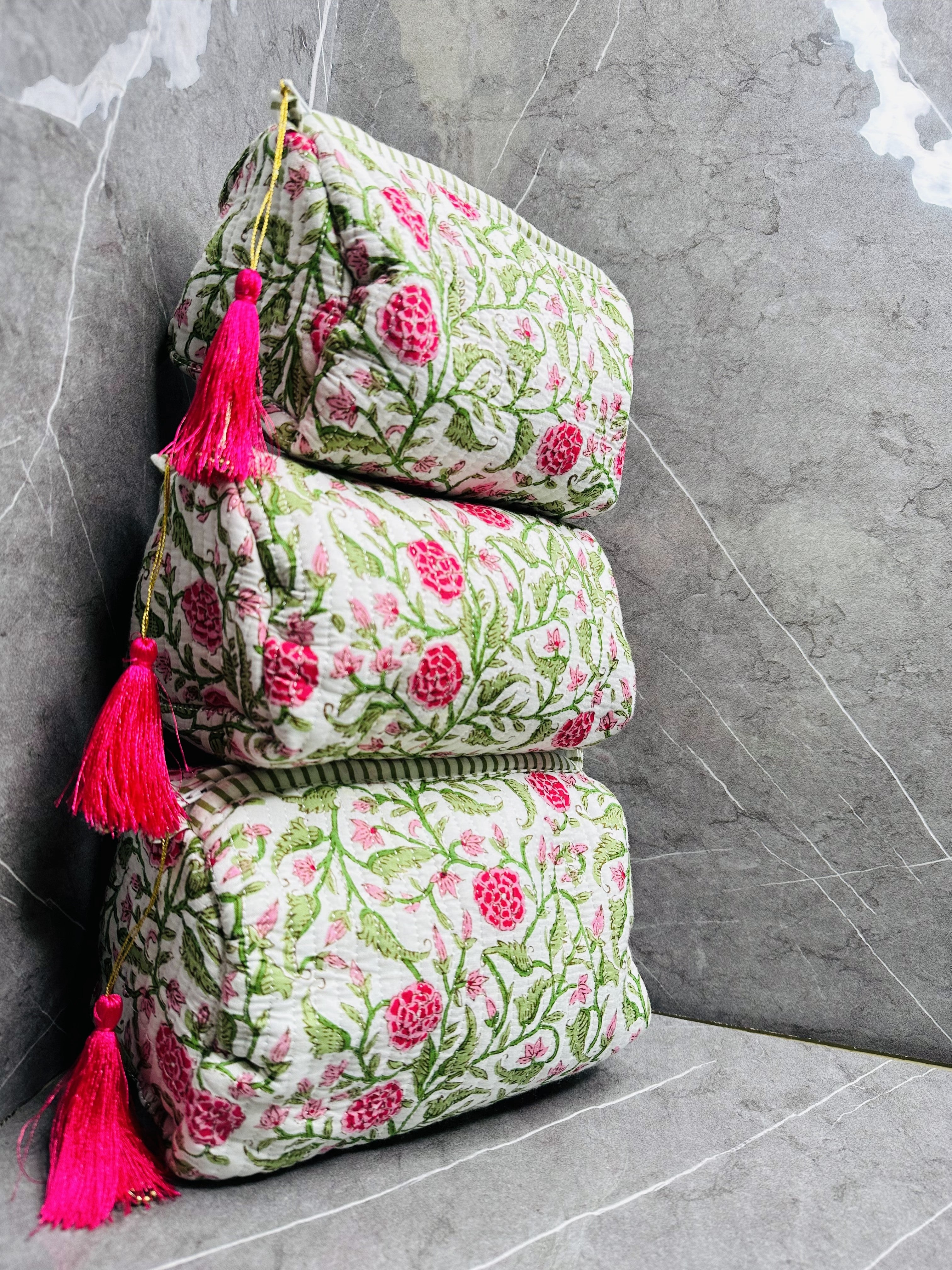 Image of Flower Print Quilted 3 Set Make up Pouch Waterproof Inside cover