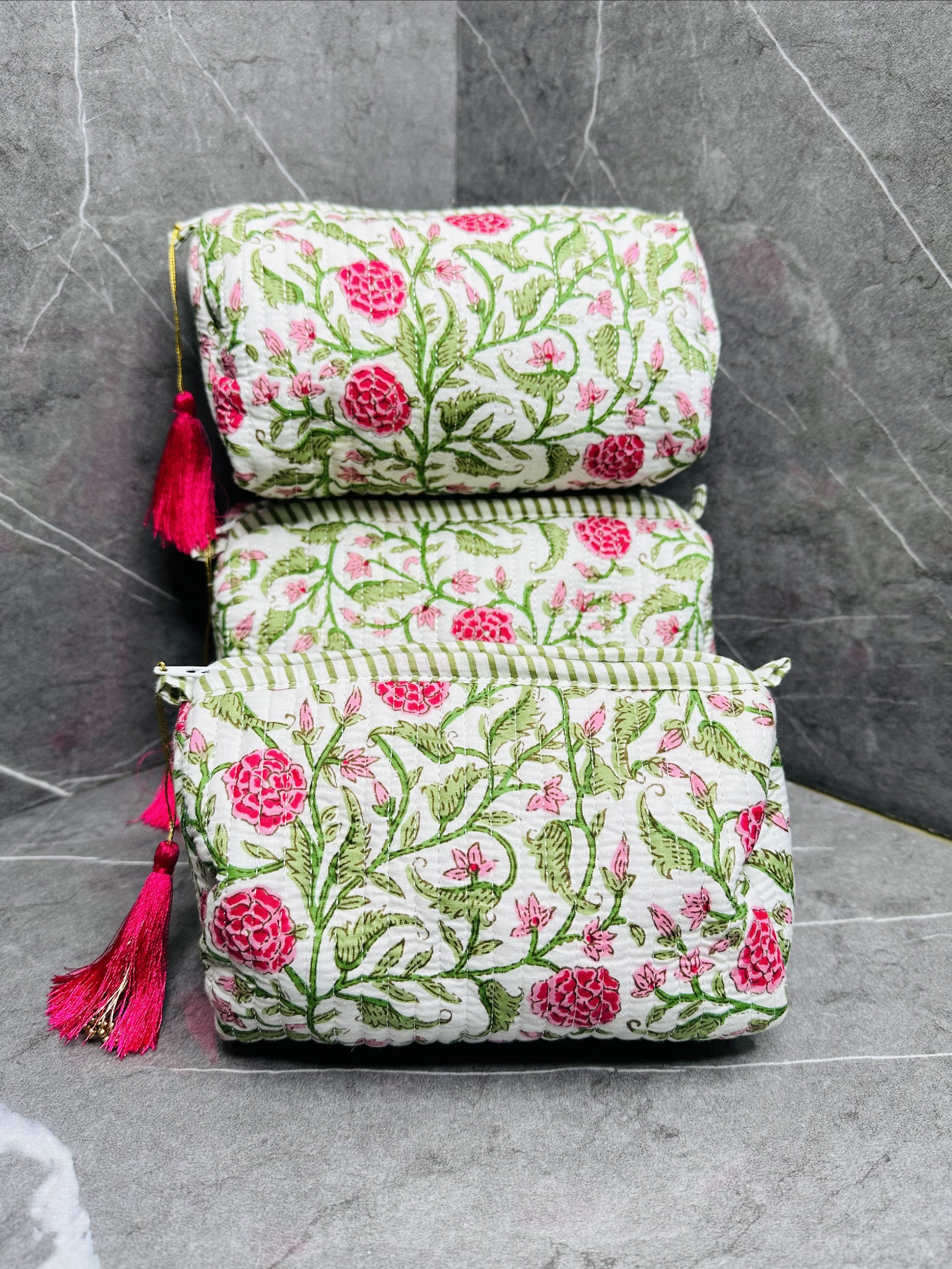 Image of Flower Print Quilted 3 Set Make up Pouch Waterproof Inside cover