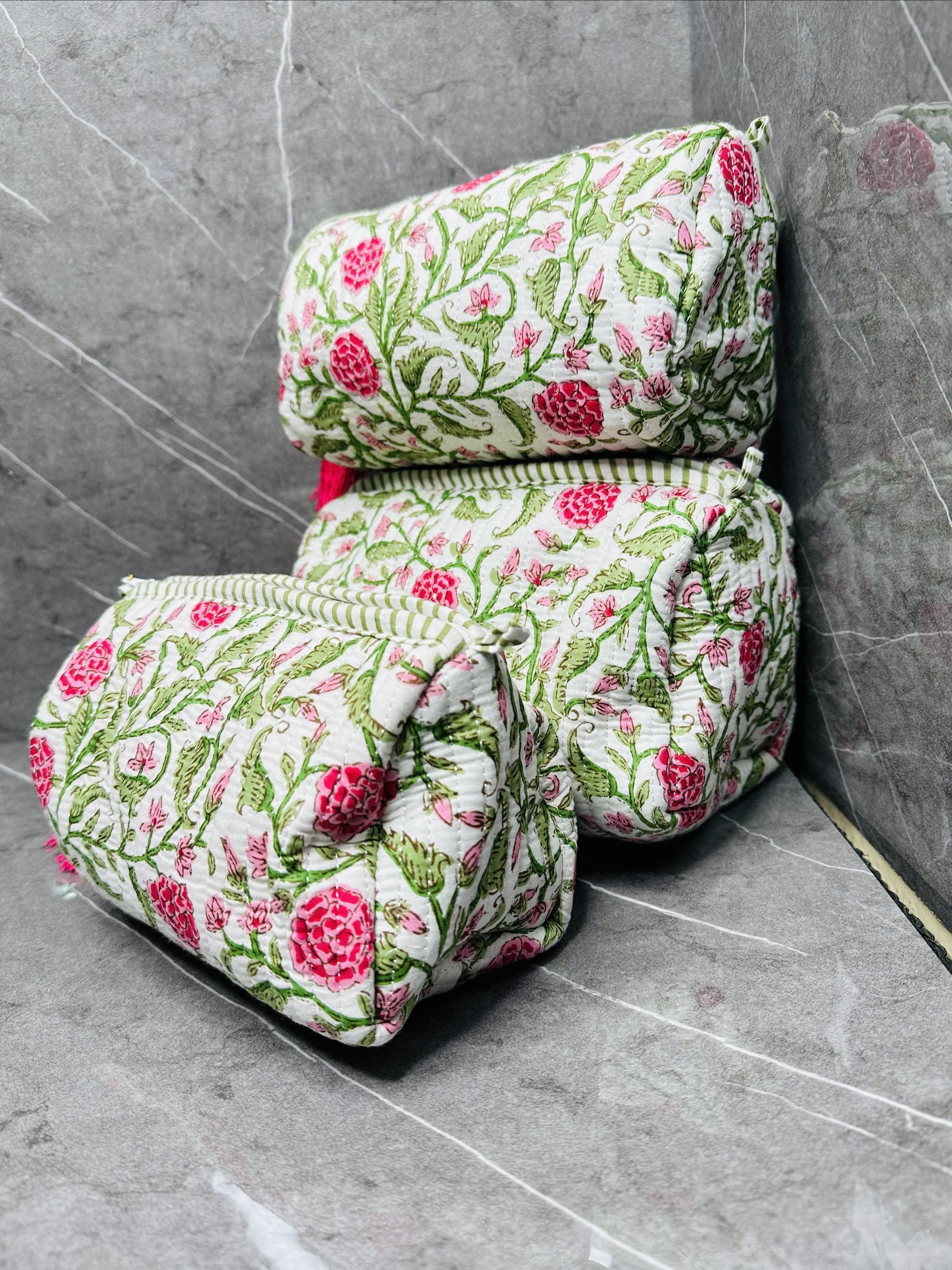 Image of Flower Print Quilted 3 Set Make up Pouch Waterproof Inside cover
