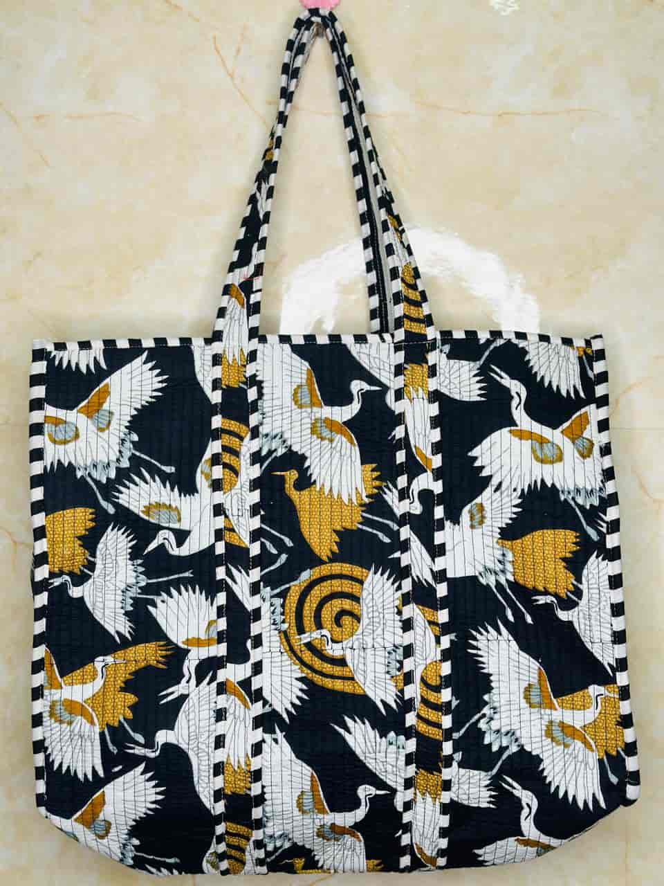Quilted Bird Block Print Fruit Handmade Tote Bags