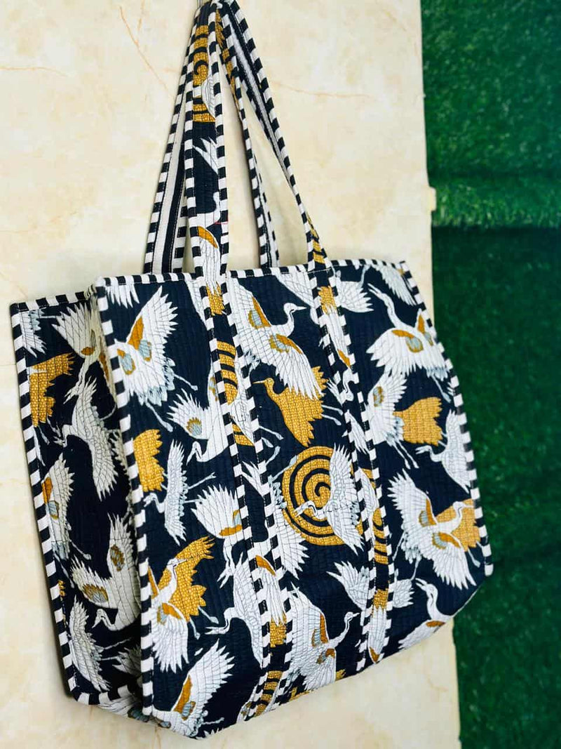 Quilted Bird Block Print Fruit Handmade Tote Bags