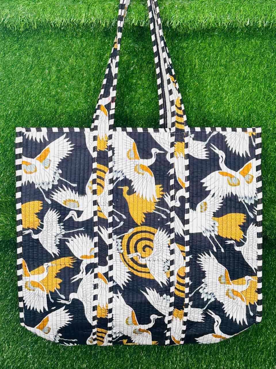 Image of Quilted Bird Block Print Fruit Handmade Tote Bags