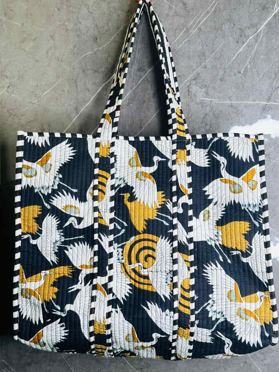 Image of Quilted Bird Block Print Fruit Handmade Tote Bags