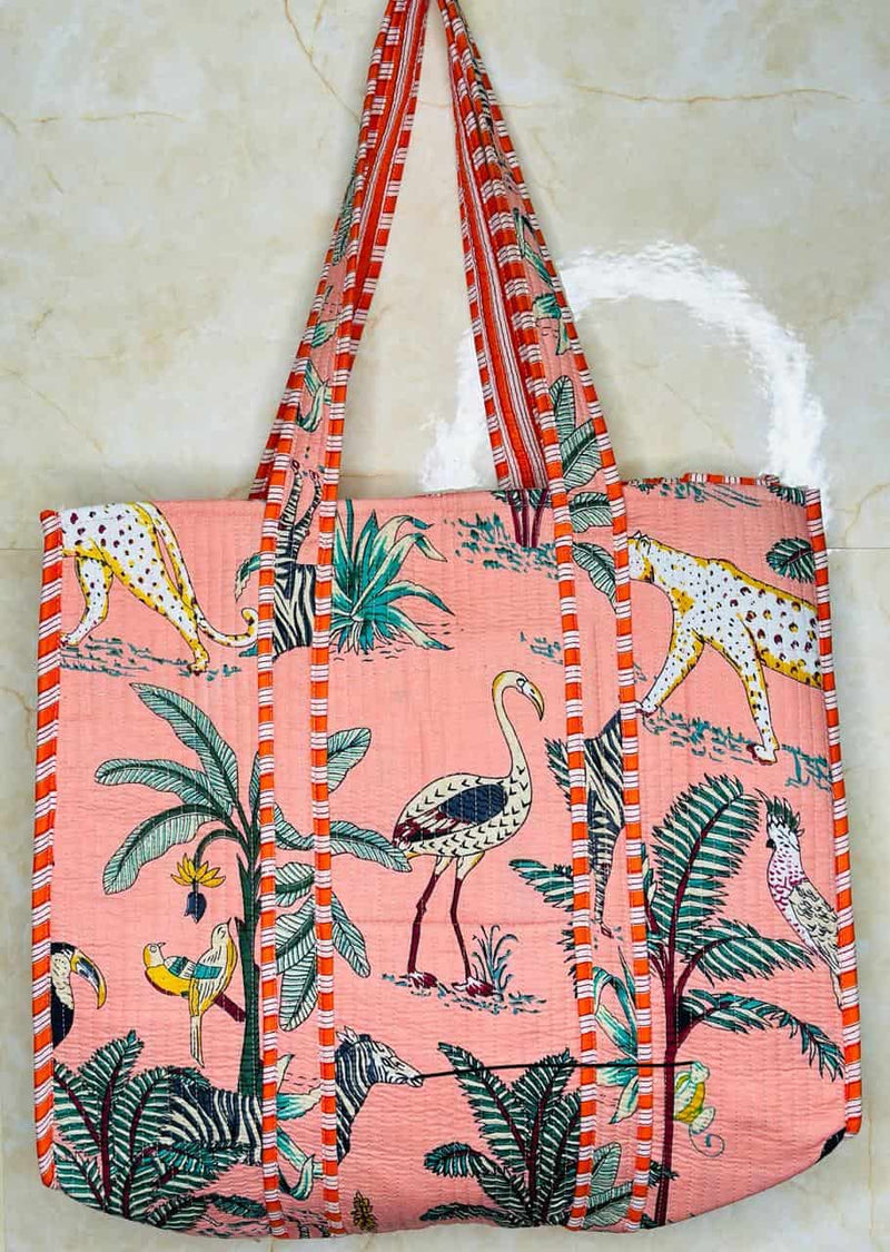 Quilted Jungle Print Pink Handmade Tote Bags