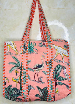 Quilted Jungle Print Pink Handmade Tote Bags