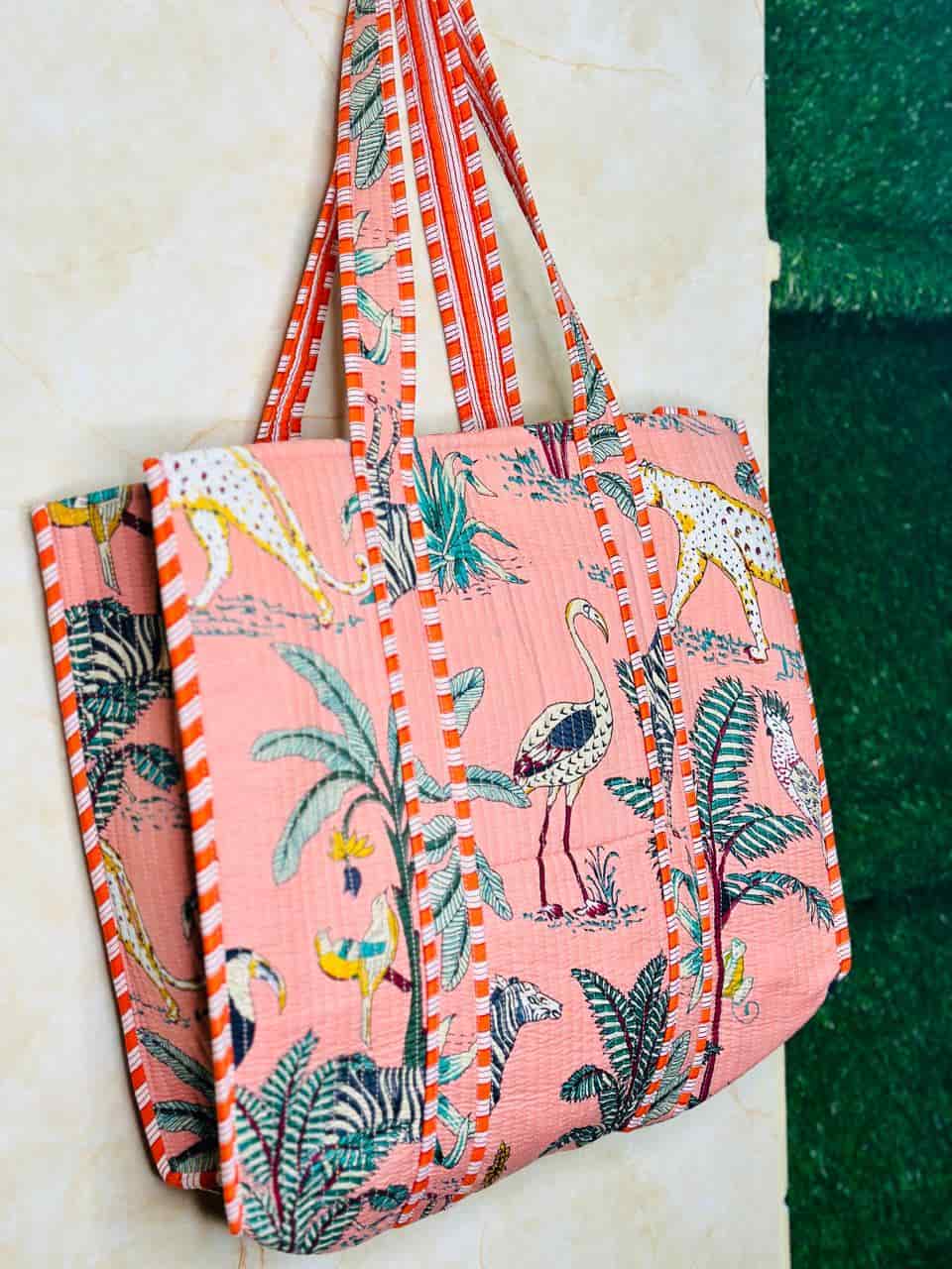 Image of Quilted Jungle Print Pink Handmade Tote Bags