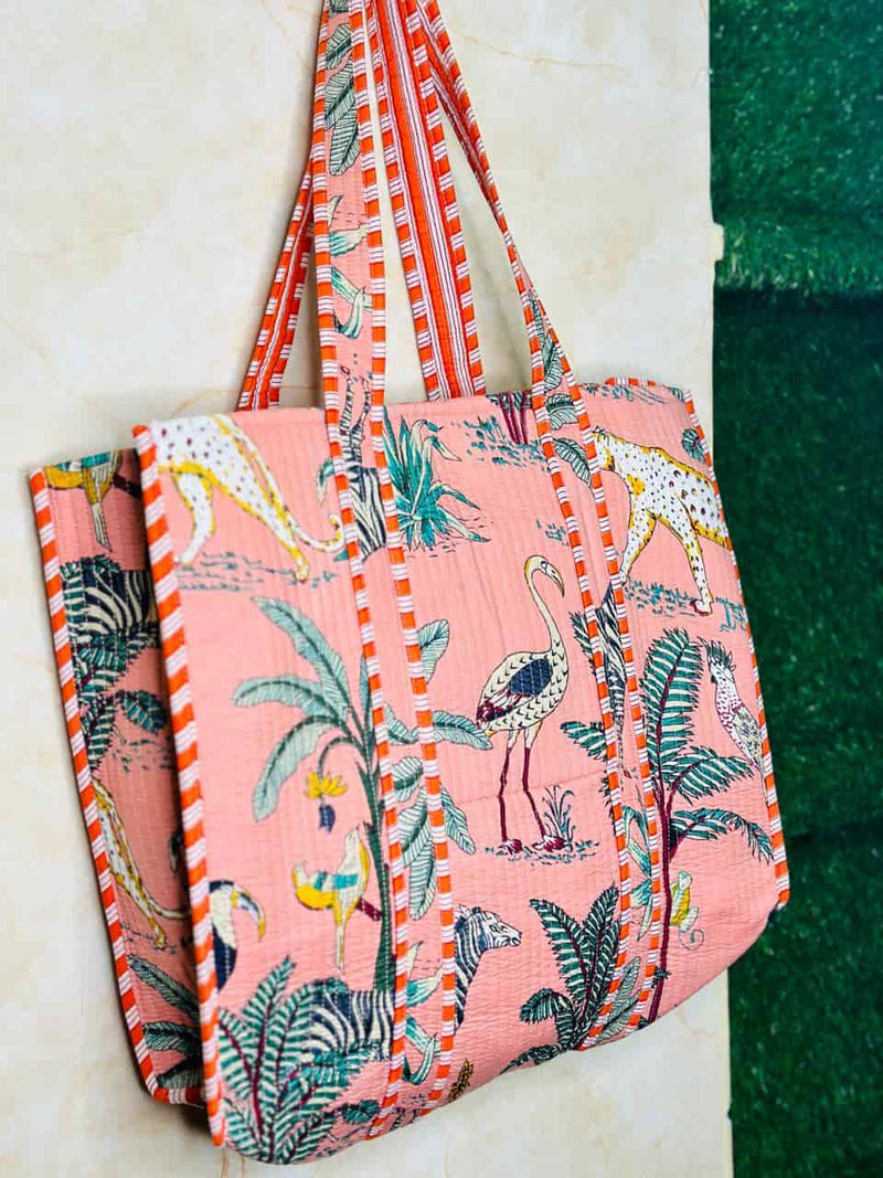 Quilted Jungle Print Pink Handmade Tote Bags
