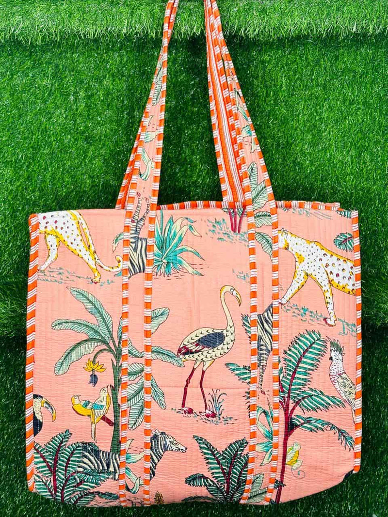 Quilted Jungle Print Pink Handmade Tote Bags