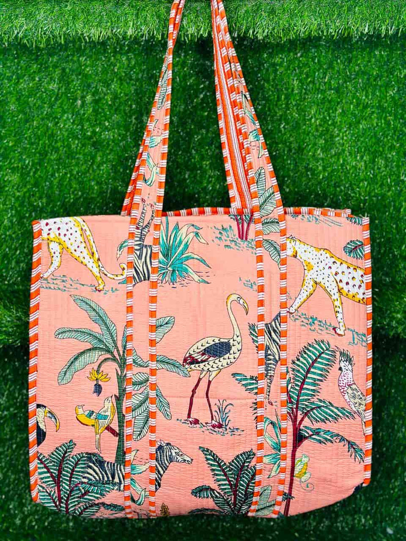 Quilted Jungle Print Pink Handmade Tote Bags