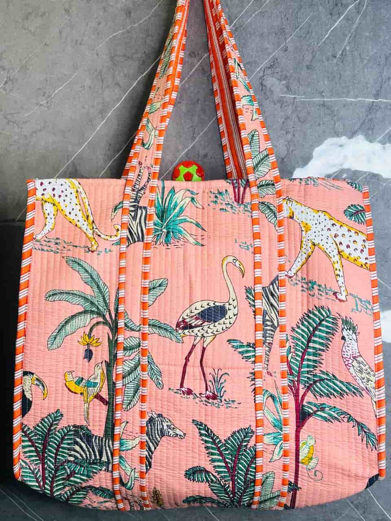 Quilted Jungle Print Pink Handmade Tote Bags