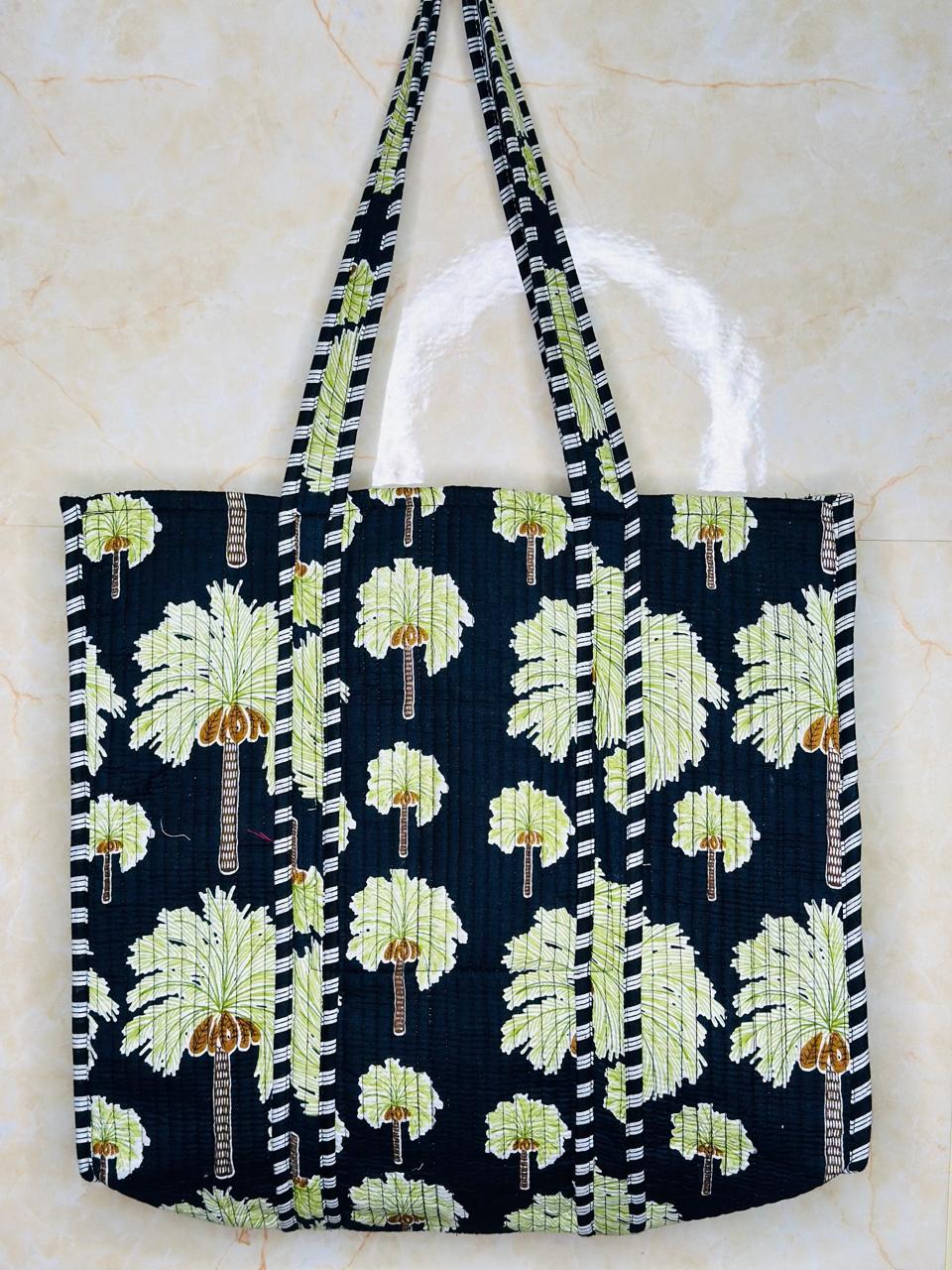 Image of Black Green Tree Print Handmade Tote Bags Shoulder and Shopping bags