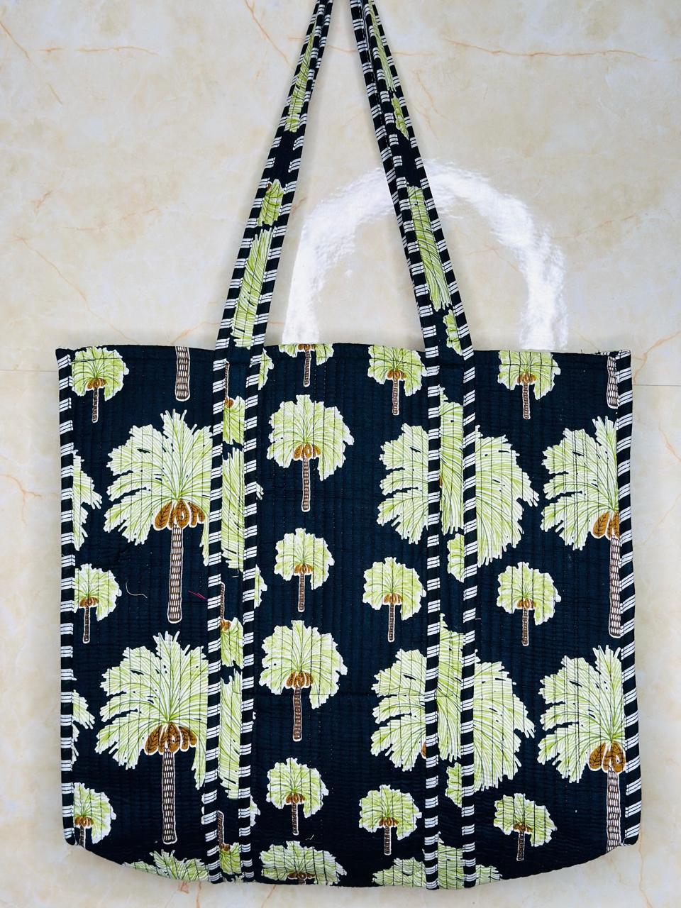 Image of Black Green Tree Print Handmade Tote Bags Shoulder and Shopping bags