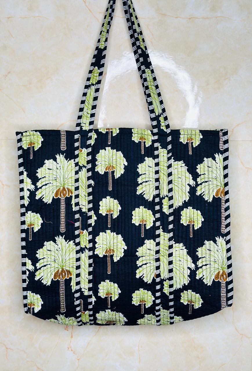 Image of Black Green Tree Print Handmade Tote Bags Shoulder and Shopping bags