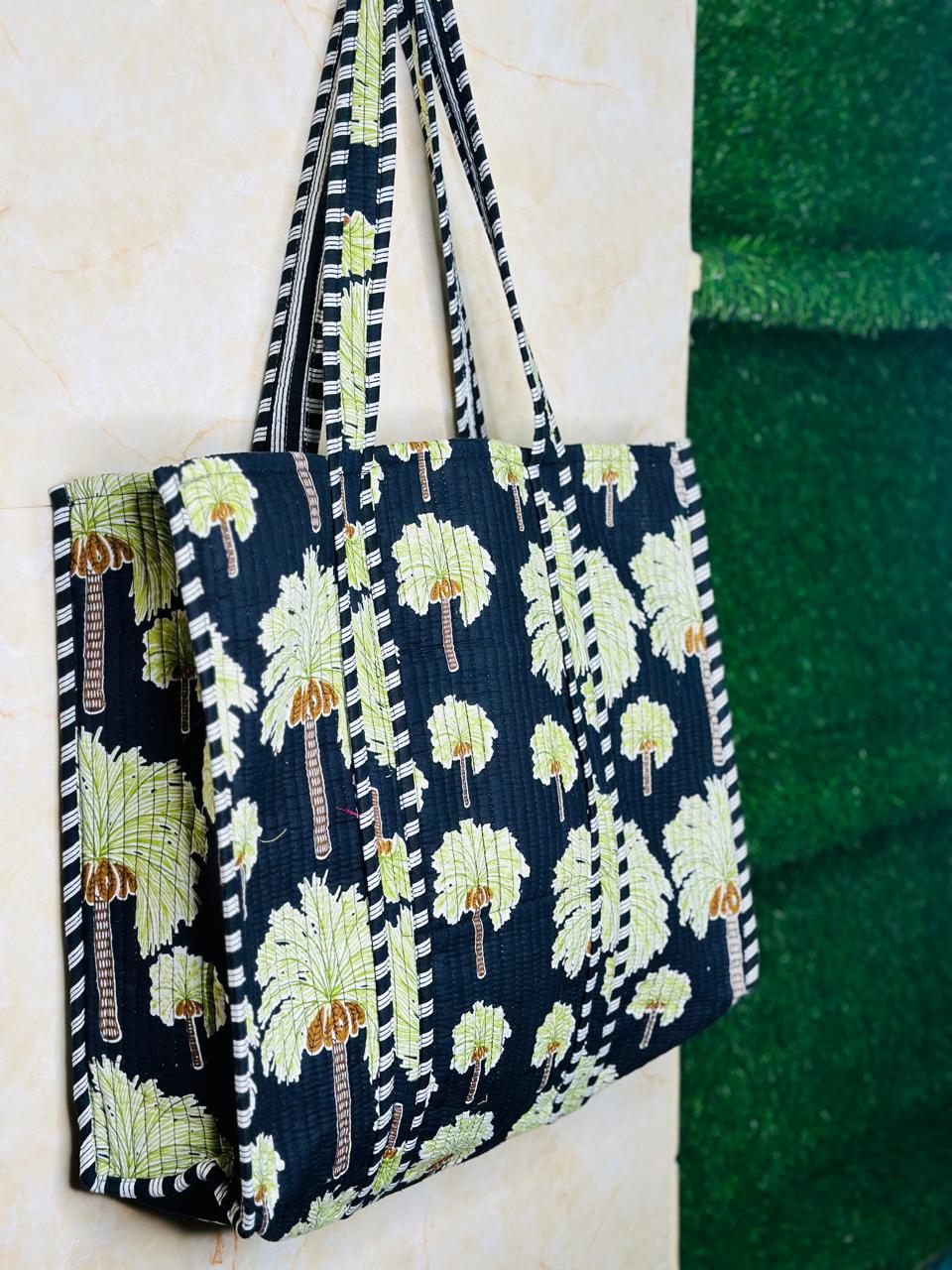 Image of Black Green Tree Print Handmade Tote Bags Shoulder and Shopping bags