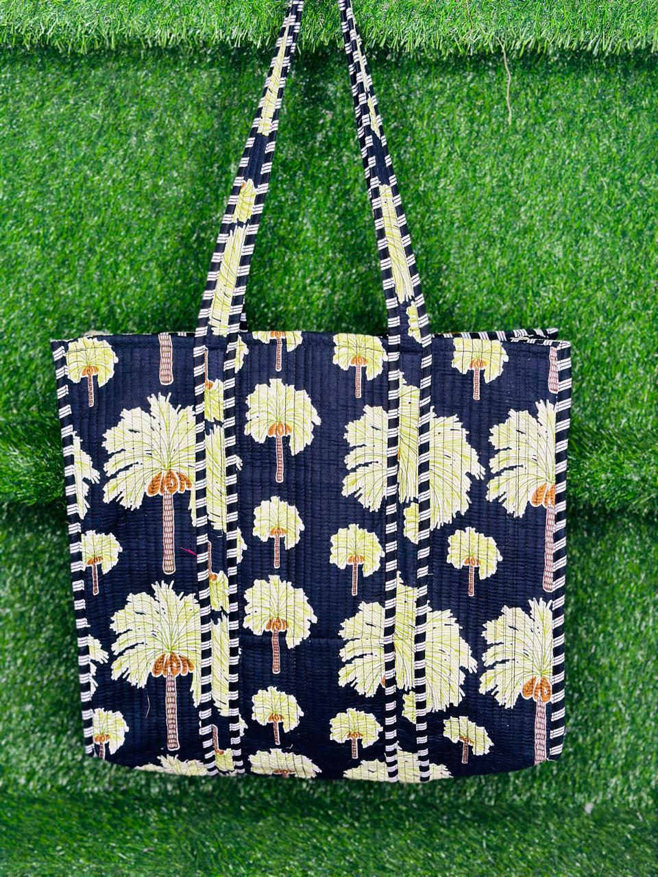 Image of Black Green Tree Print Handmade Tote Bags Shoulder and Shopping bags