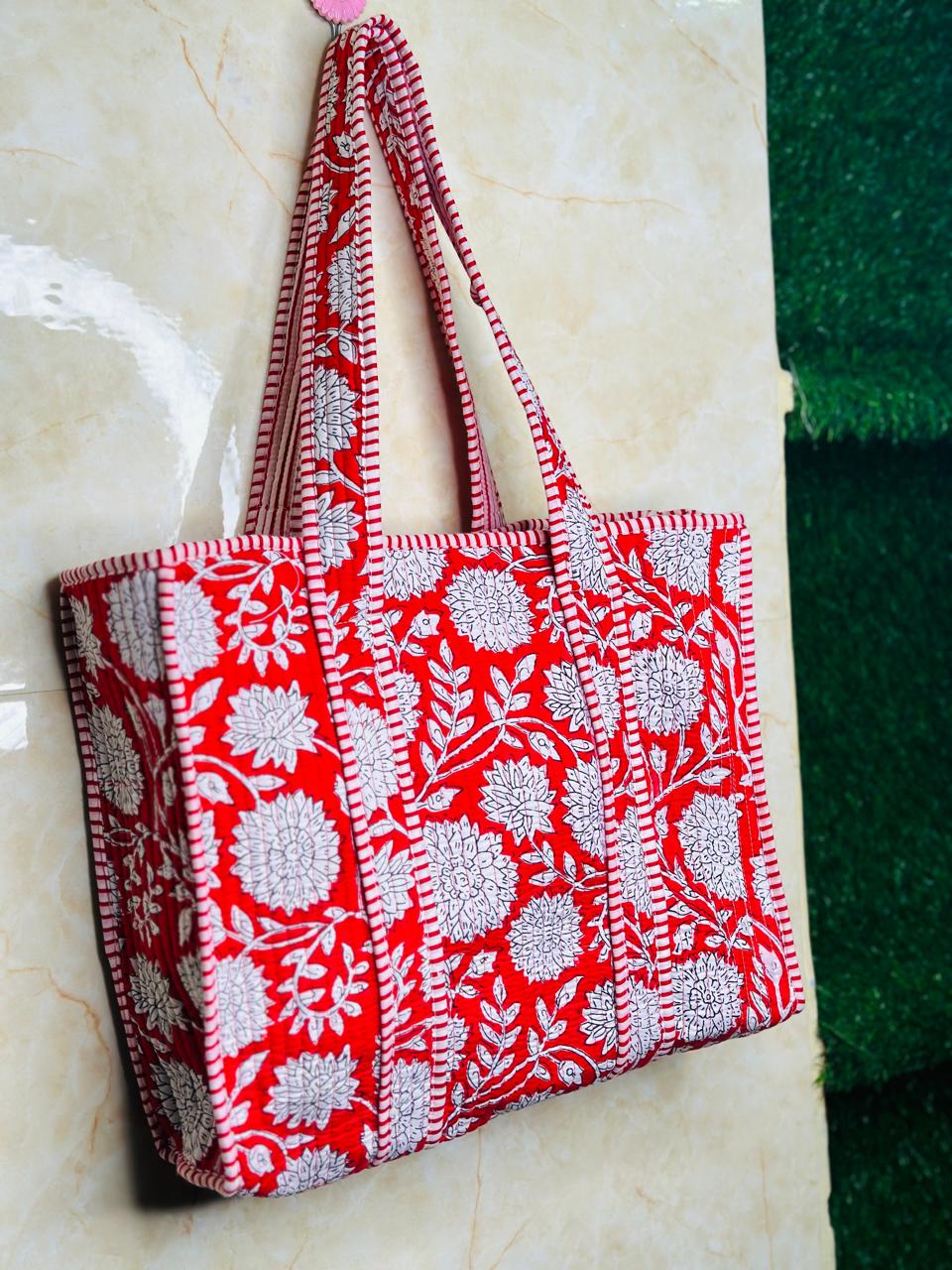 Image of Red Flower Print Handmade Tote Bags Shoulder and Shopping bags