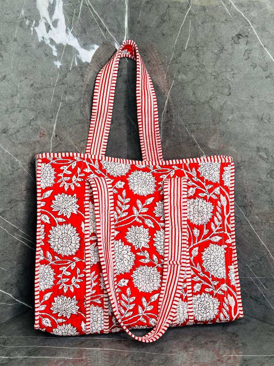 Image of Red Flower Print Handmade Tote Bags Shoulder and Shopping bags