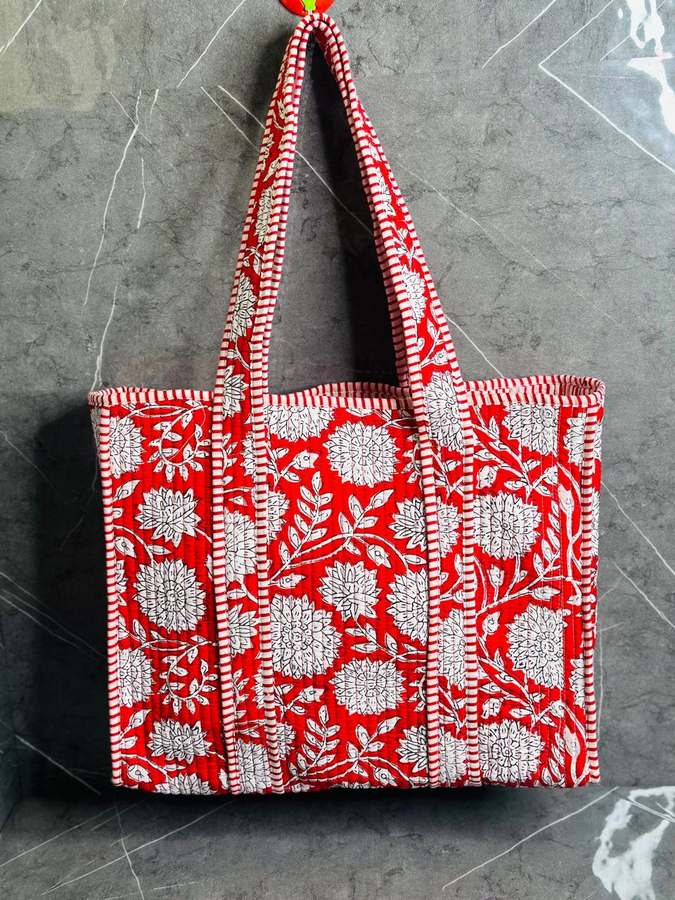 Image of Red Flower Print Handmade Tote Bags Shoulder and Shopping bags