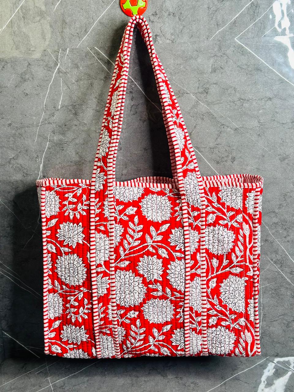 Image of Red Flower Print Handmade Tote Bags Shoulder and Shopping bags