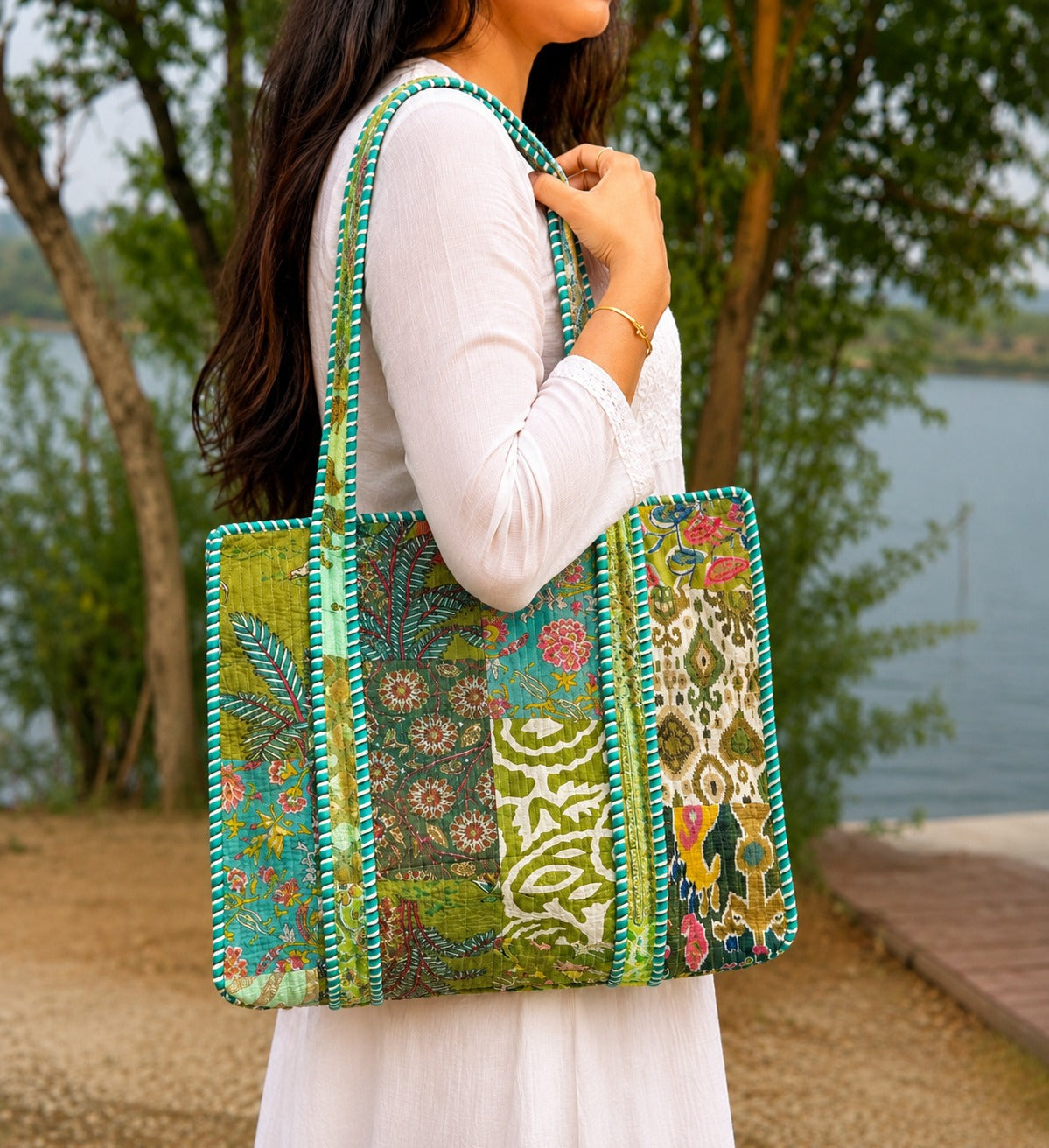 Boho Patchwork Tote Bag | Large Cotton Travel Shoulder Bag