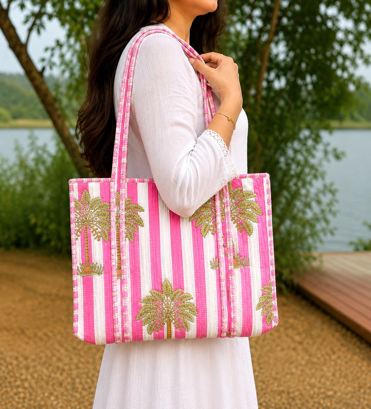 Women's Quilted Tote Bag | Pink Palm Print Cotton Carryall