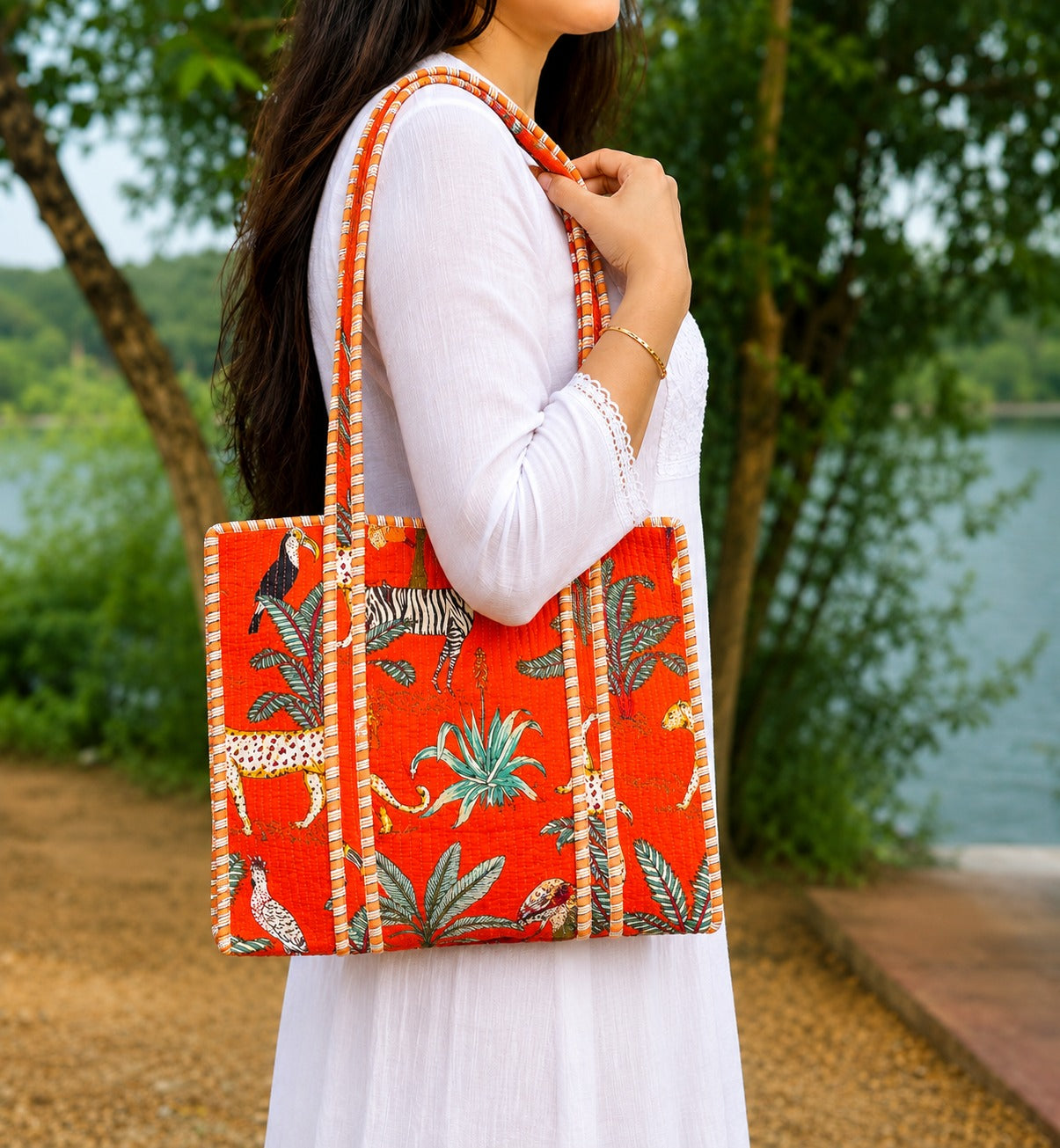 Handmade Cotton Tote Bag | Orange Jungle Print Everyday Carry Bag