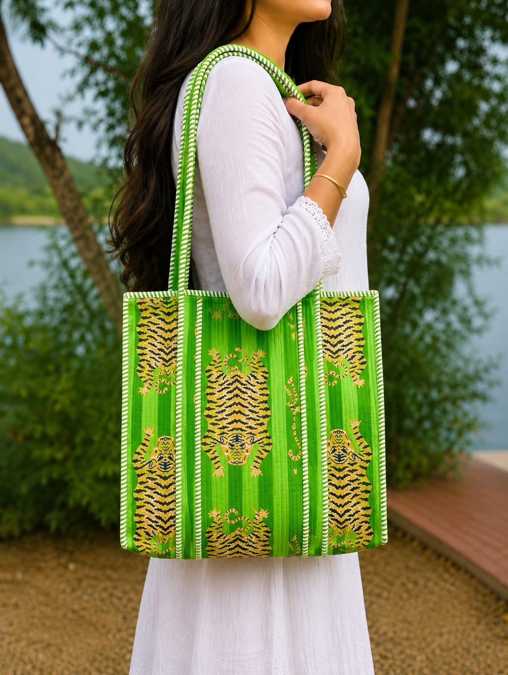Green Tiger Print Quilted Tote Bag | Handmade Cotton Shoulder Bag for Women