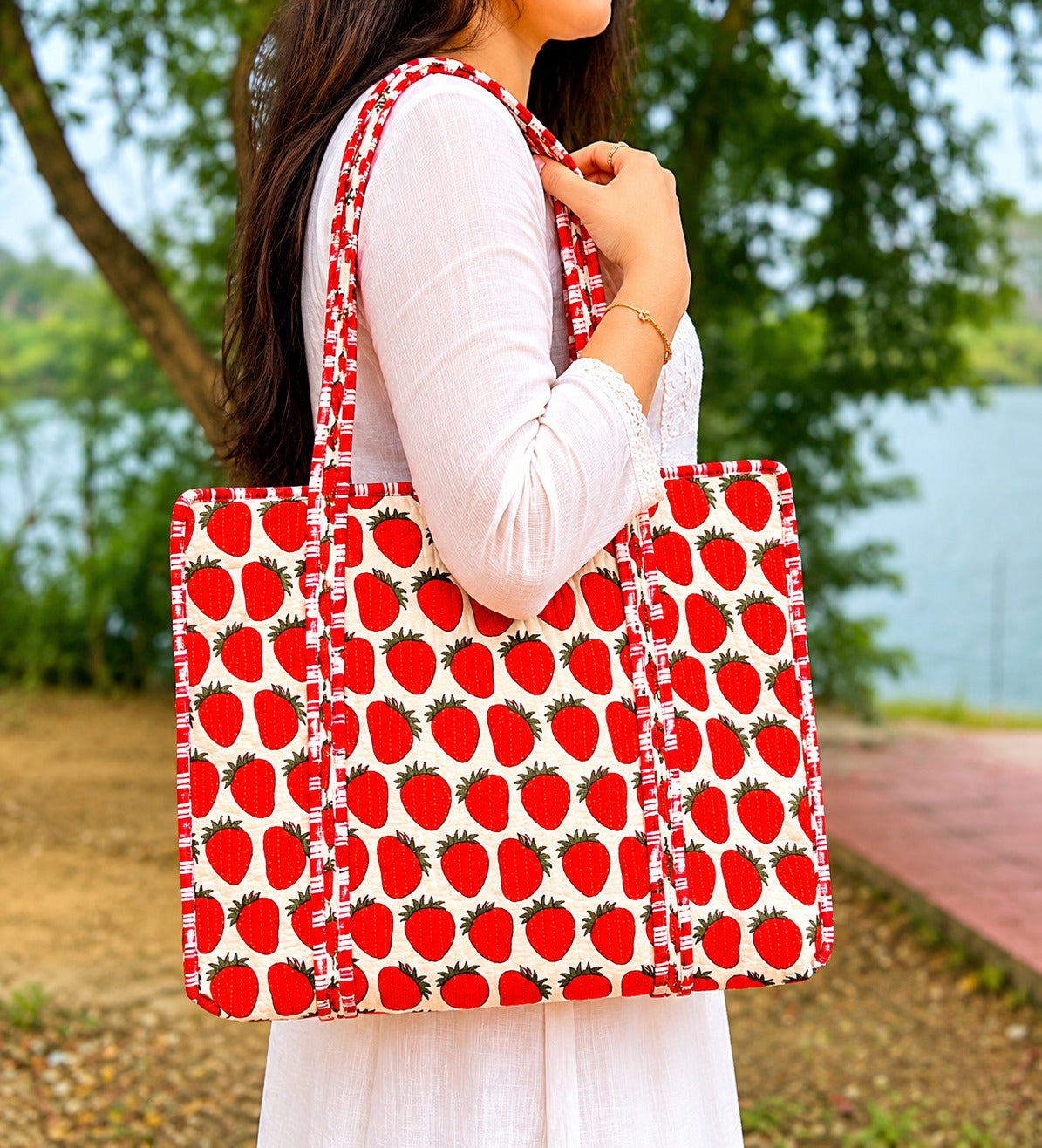 Handmade Strawberry Quilted Tote Bag for Women | Large Cotton Shoulder Bag