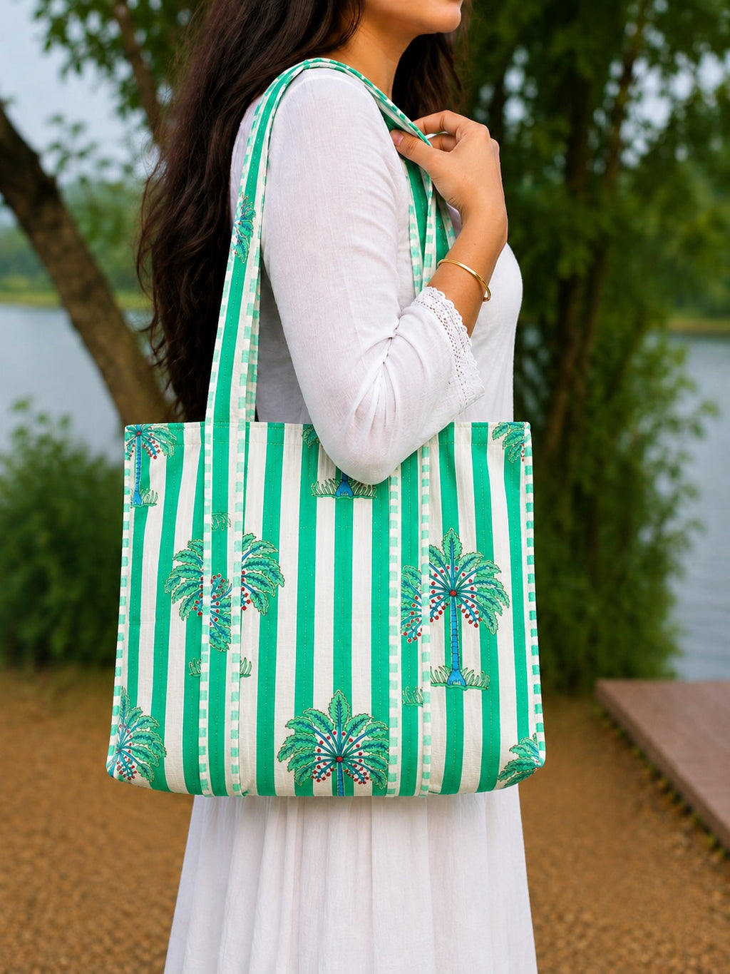 Handmade Palm Tree Quilted Tote Bag | Green Striped Cotton Shoulder Bag